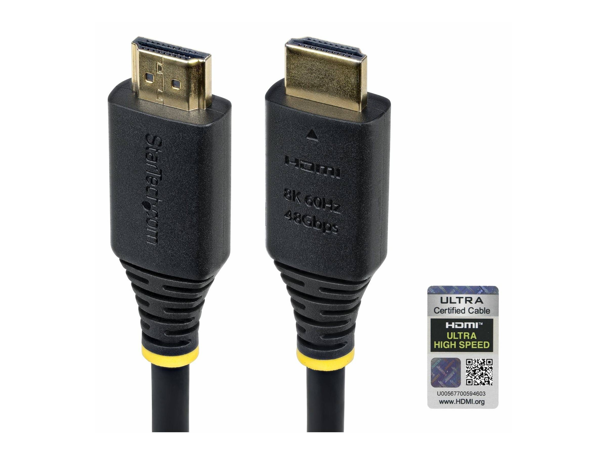 Zwei HDMI-Kabel mit der Beschriftung '8K 60Hz 48Gbps' und einem 'HDMI Ultra High Speed' Zertifizierungsicon, das ihre hohen Geschwindigkeitsfähigkeiten anzeigt.
