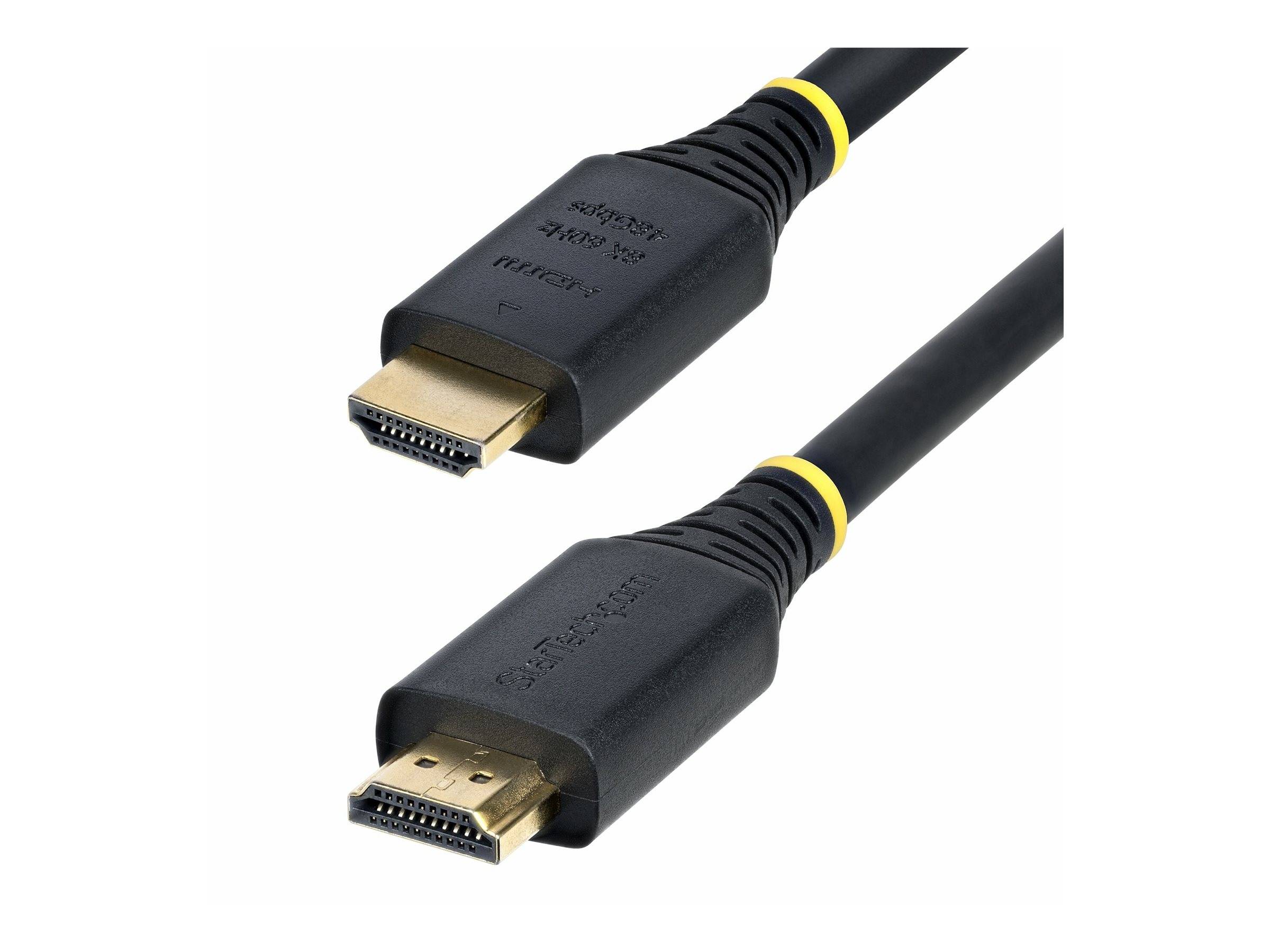 Zwei schwarze HDMI-Kabel mit vergoldeten Steckern auf weißem Hintergrund, in Nahaufnahme zur Darstellung der Stecker gezeigt.