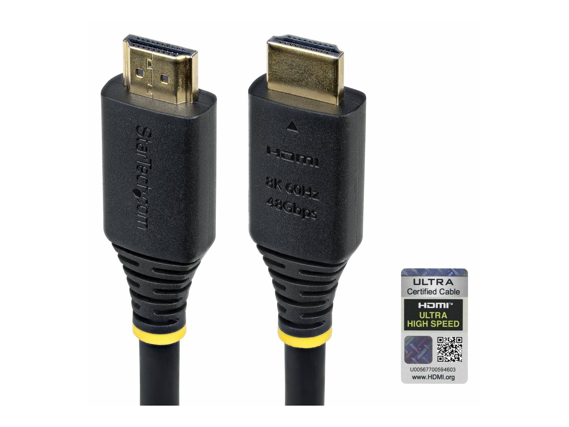 Zwei schwarze HDMI-Kabel mit der Markierung '8K 60Hz 48Gbps' und 'HDMI' neben einer Zertifizierungsetikette mit dem Aufdruck 'ULTRA Certified Cable HDMI Ultra High Speed'.