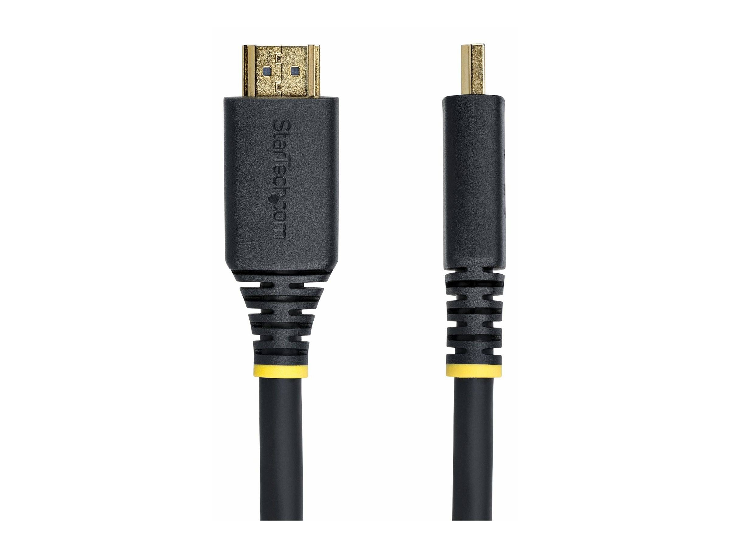 StarTech.com' Marken-HDMI-zu-Mini-HDMI-Kabel mit vergoldeten Anschlüssen, entwickelt zum Verbinden digitaler Geräte, mit Nahaufnahme der Anschlüsse.