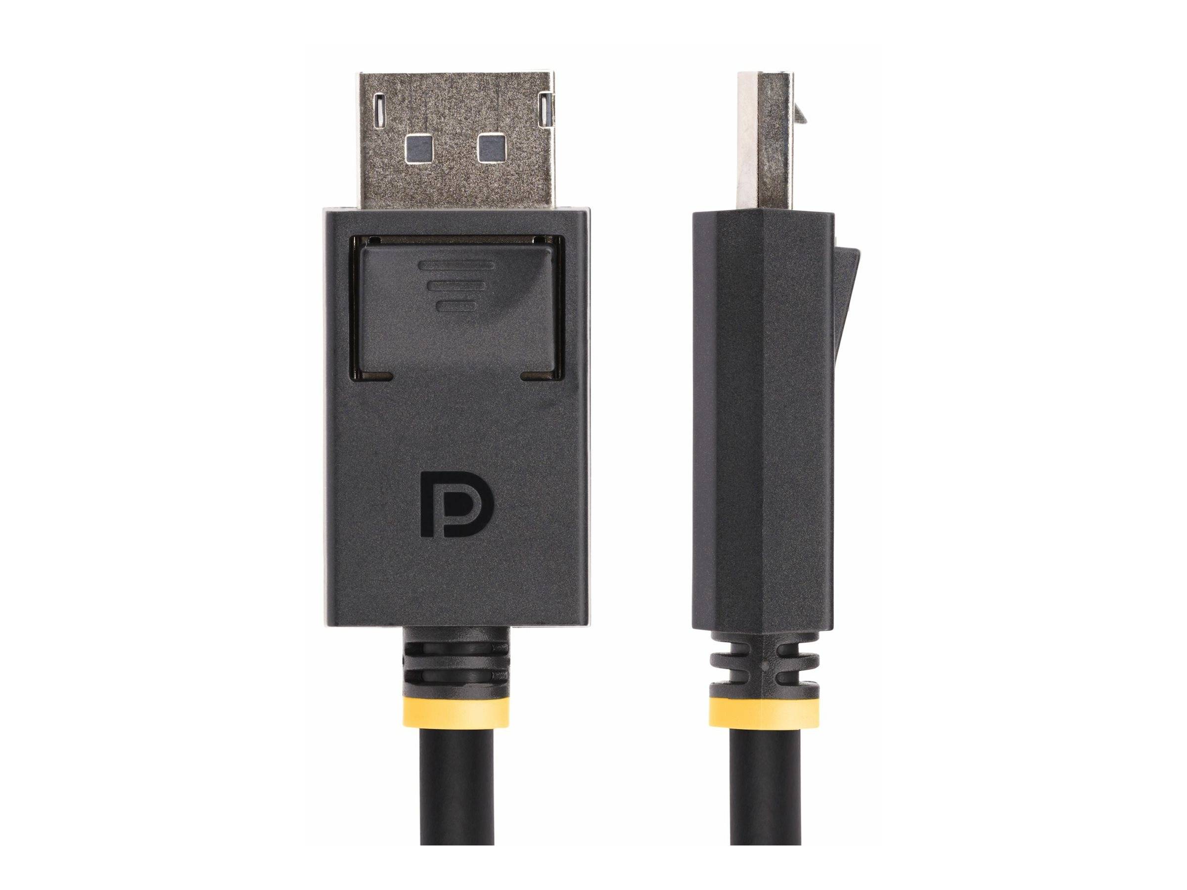Schwarzes DisplayPort-Kabelverbinderstück gezeigt in Front- und Seitenansichten auf weißem Hintergrund, mit Verriegelungsriegel und gelbem Akzentring.