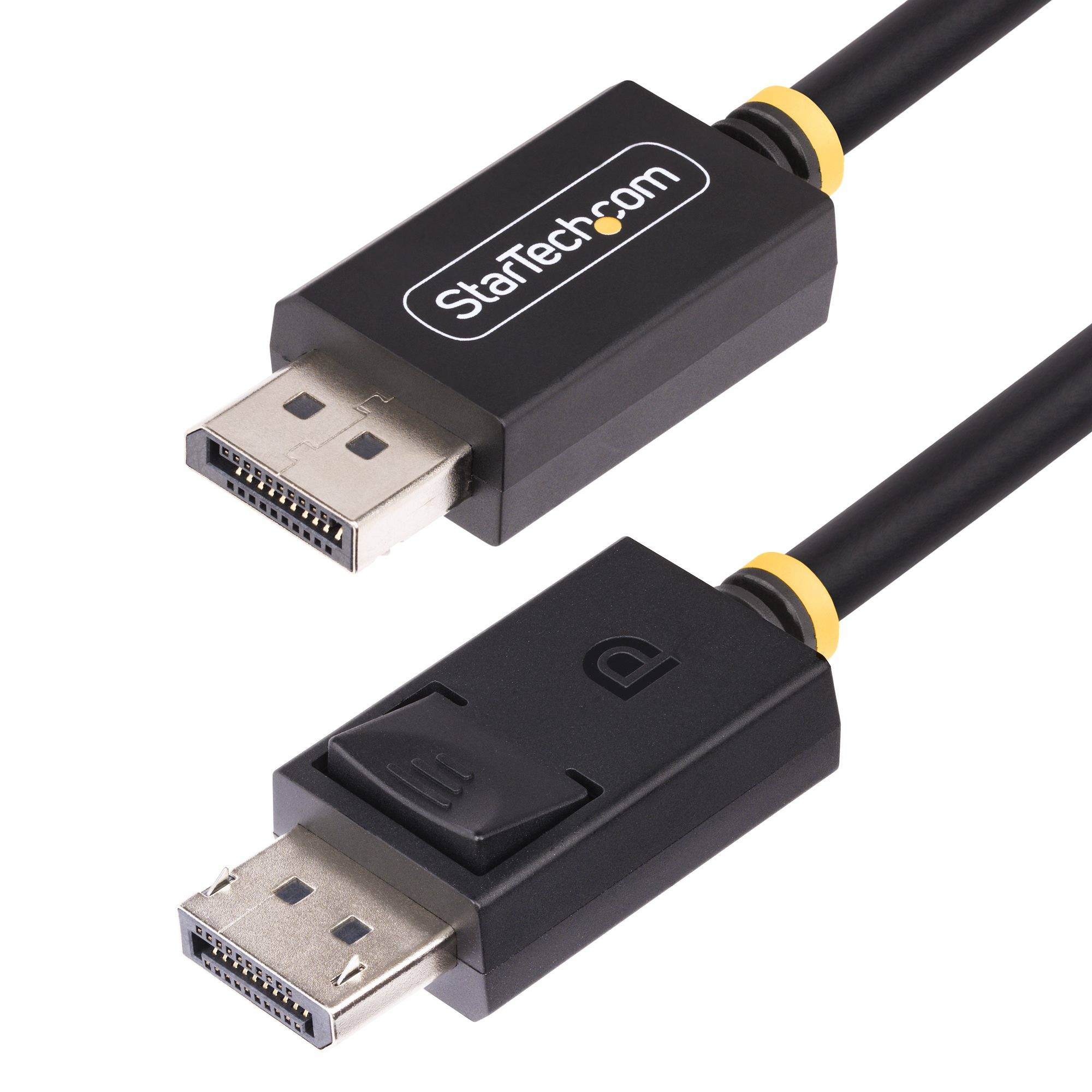 Zwei DisplayPort-Kabelstecker auf weißem Hintergrund gezeigt, einer mit der Marke StarTech.com versehen, zeigt männliche DisplayPort-Stecker mit Verriegelungslatch-Freigabe.