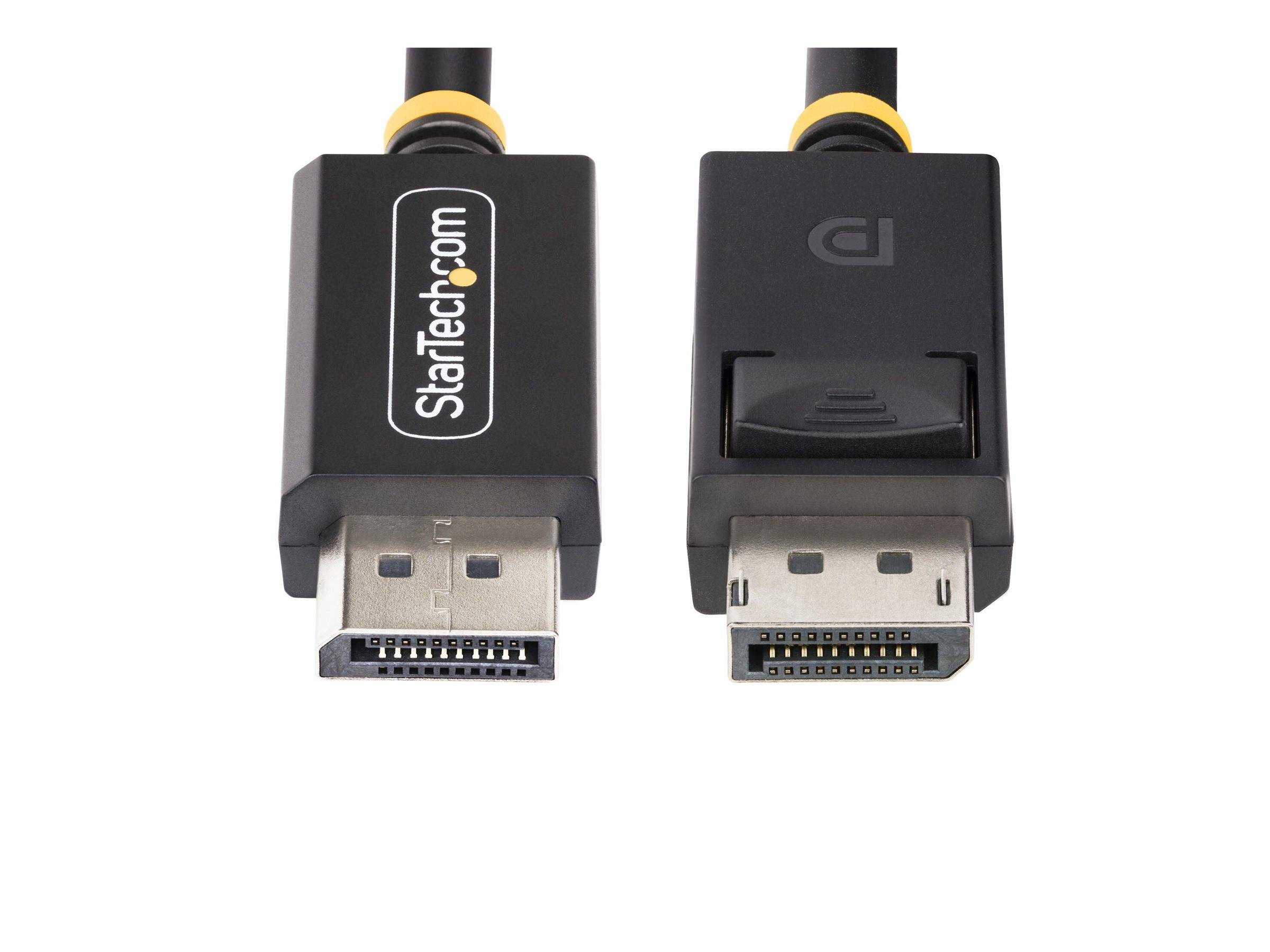 Zwei DisplayPort-Kabelstecker nebeneinander dargestellt, einer mit dem Label StarTech.com und der andere mit einem DP-Logo.