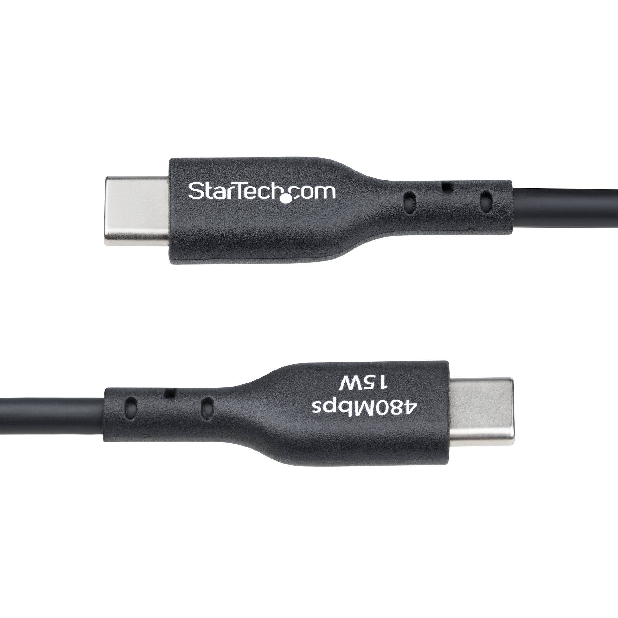 Zwei schwarze USB-C-Kabelenden auf weißem Hintergrund, eines mit der Bezeichnung „StarTech.com