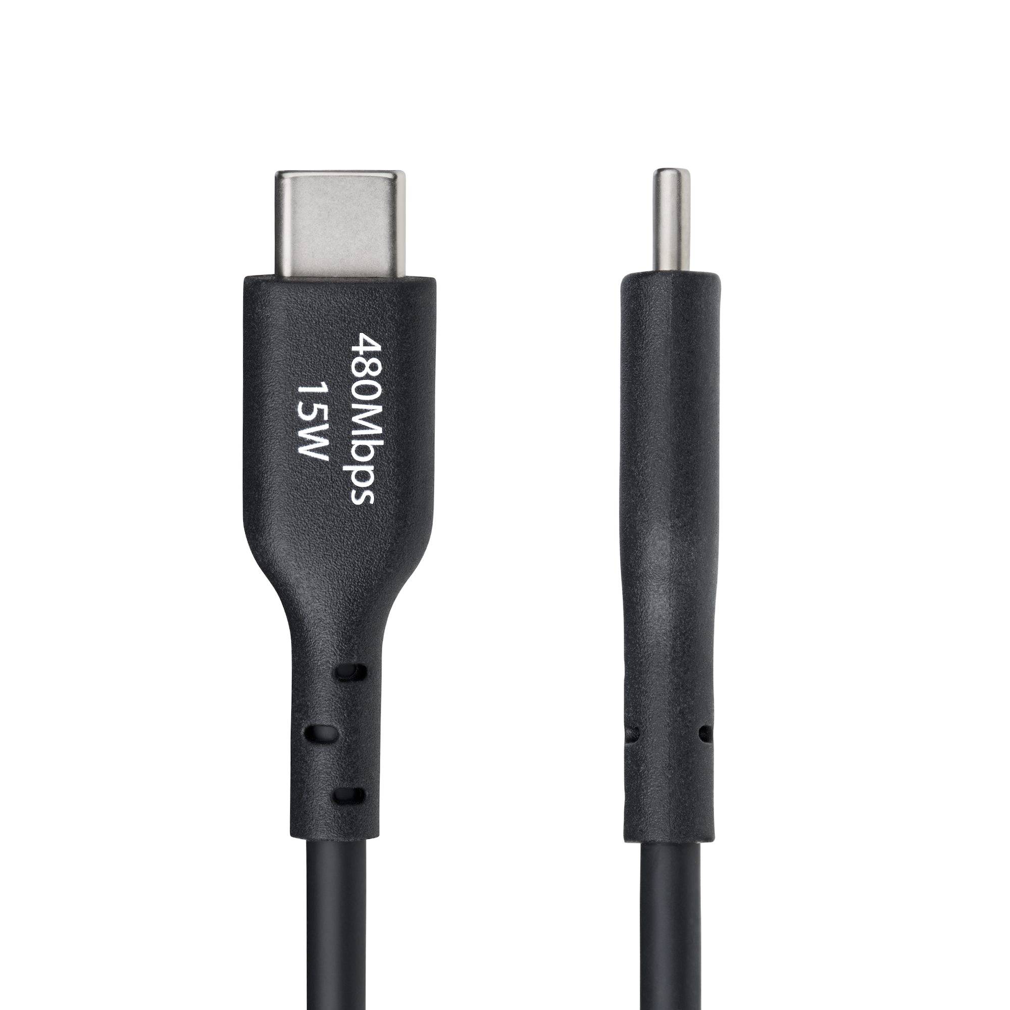 Schwarzes USB-C-Kabel mit einem USB-C-Stecker mit der Beschriftung „480 Mbps 15W