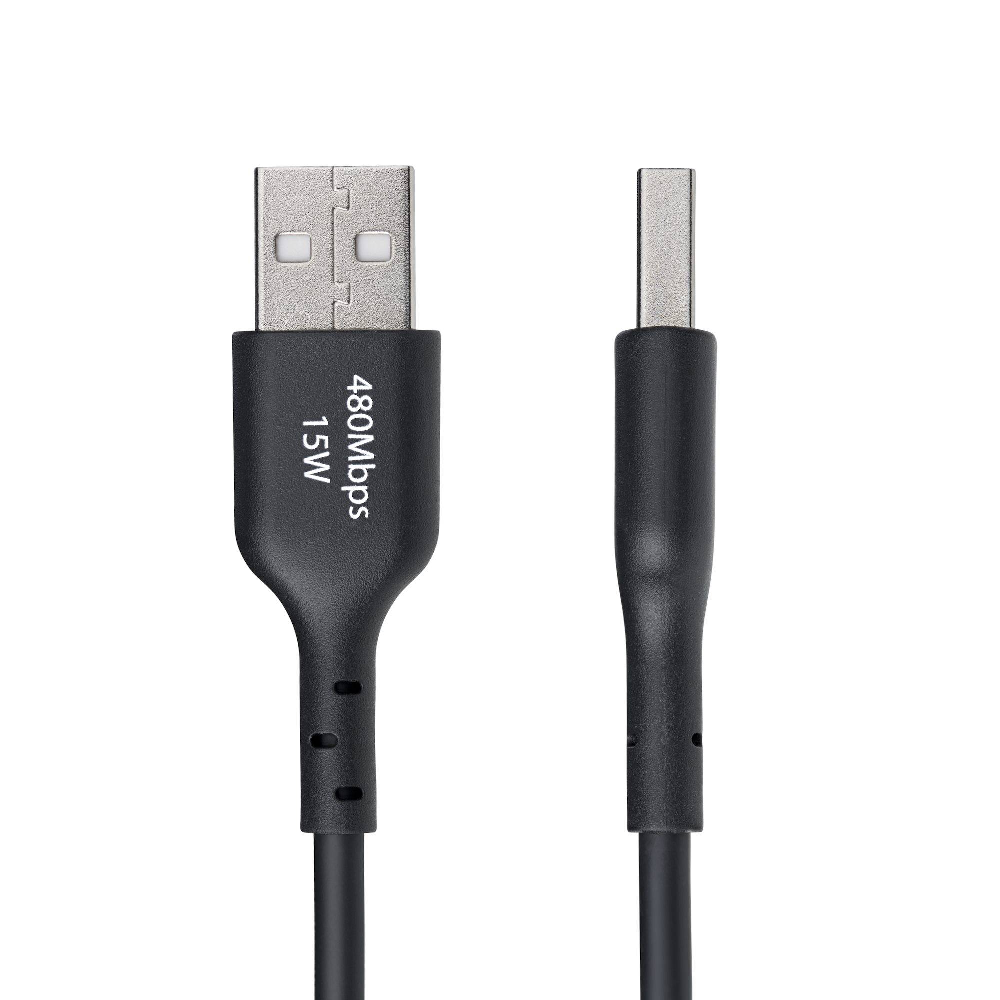 Schwarzes USB-A zu USB-C Kabel, von beiden Enden gezeigt, mit „480Mbps 15W
