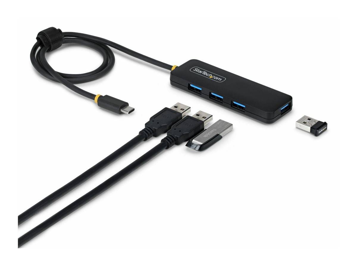 USB-C-zu-USB-A-Hub mit drei USB-3.0-Anschlüssen, angebrachtem Kabel, zwei USB-A-Steckern und einem kleinen kabellosen USB-Empfänger auf weißem Hintergrund