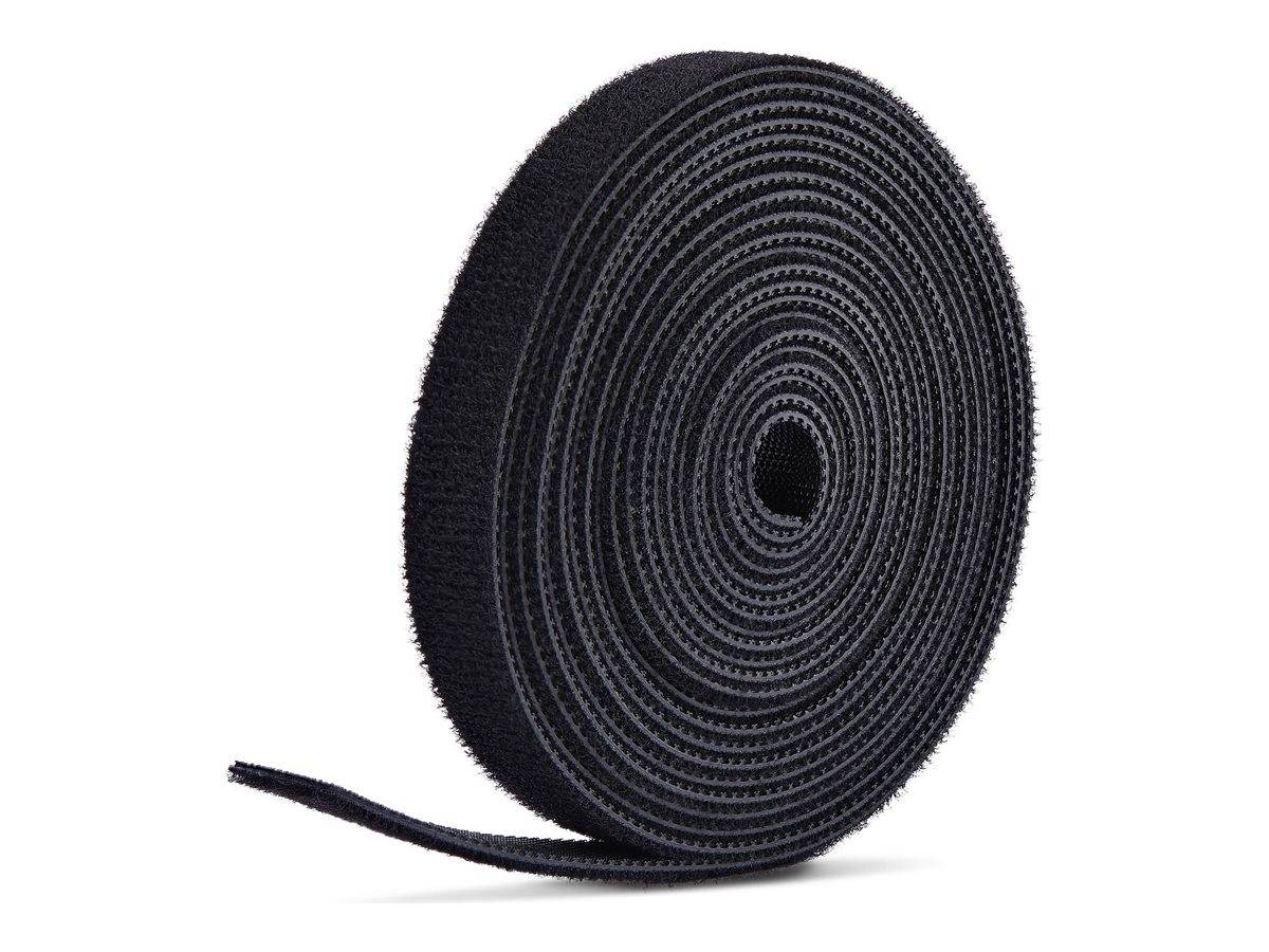 Eine Rolle schwarzes Klettband, teilweise abgerollt, zum Befestigen und Organisieren von Kabeln oder Materialien.
