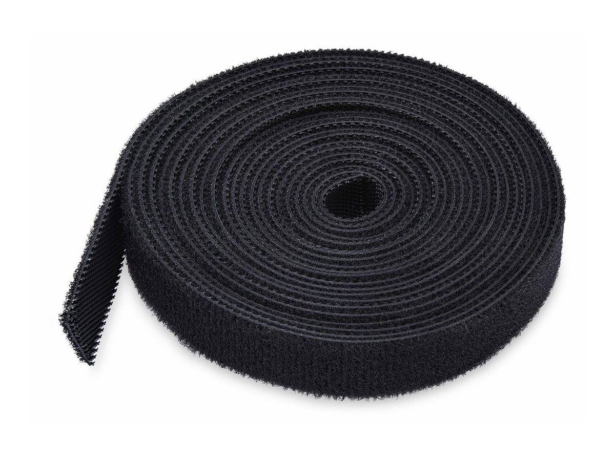 Eine Rolle schwarzes Klettband, ordentlich aufgewickelt, mit sichtbarer strukturierter Oberfläche.