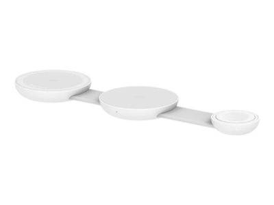 WLAN-Mesh-Router-System mit drei kreisförmigen, weißen Einheiten, die durch eine schlanke Basis miteinander verbunden sind und eine verbesserte Internetabdeckung bieten.