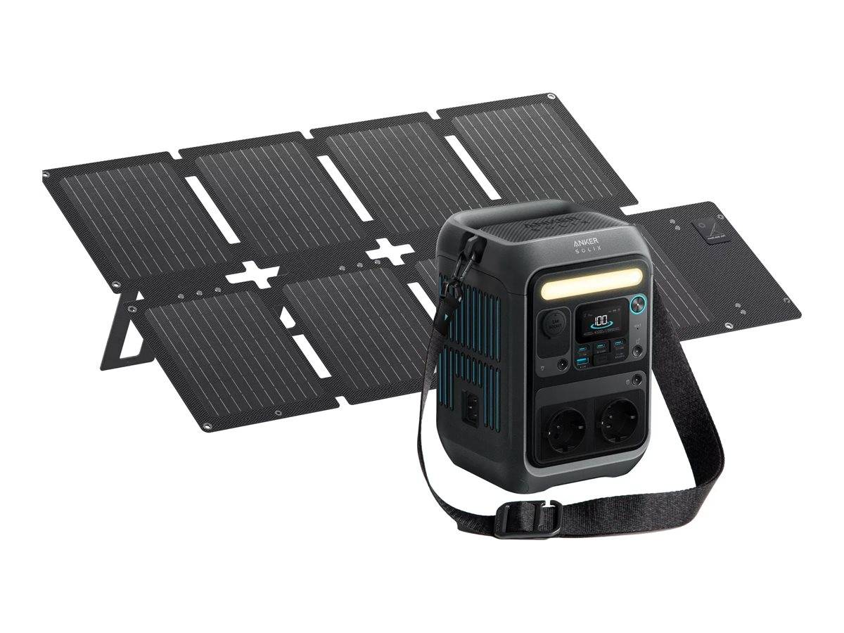 Tragbare Powerstation mit angeschlossenen Solarpanels, ausgestattet mit mehreren Anschlüssen und einem Trageriemen für einfachen Transport, ideal für den Einsatz im Freien.