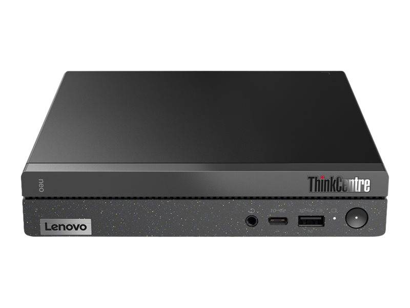 Ein kompakter, schwarzer Lenovo ThinkCentre Desktop mit sichtbarem Logo. Entwickelt für effiziente Platznutzung und Computeraufgaben.