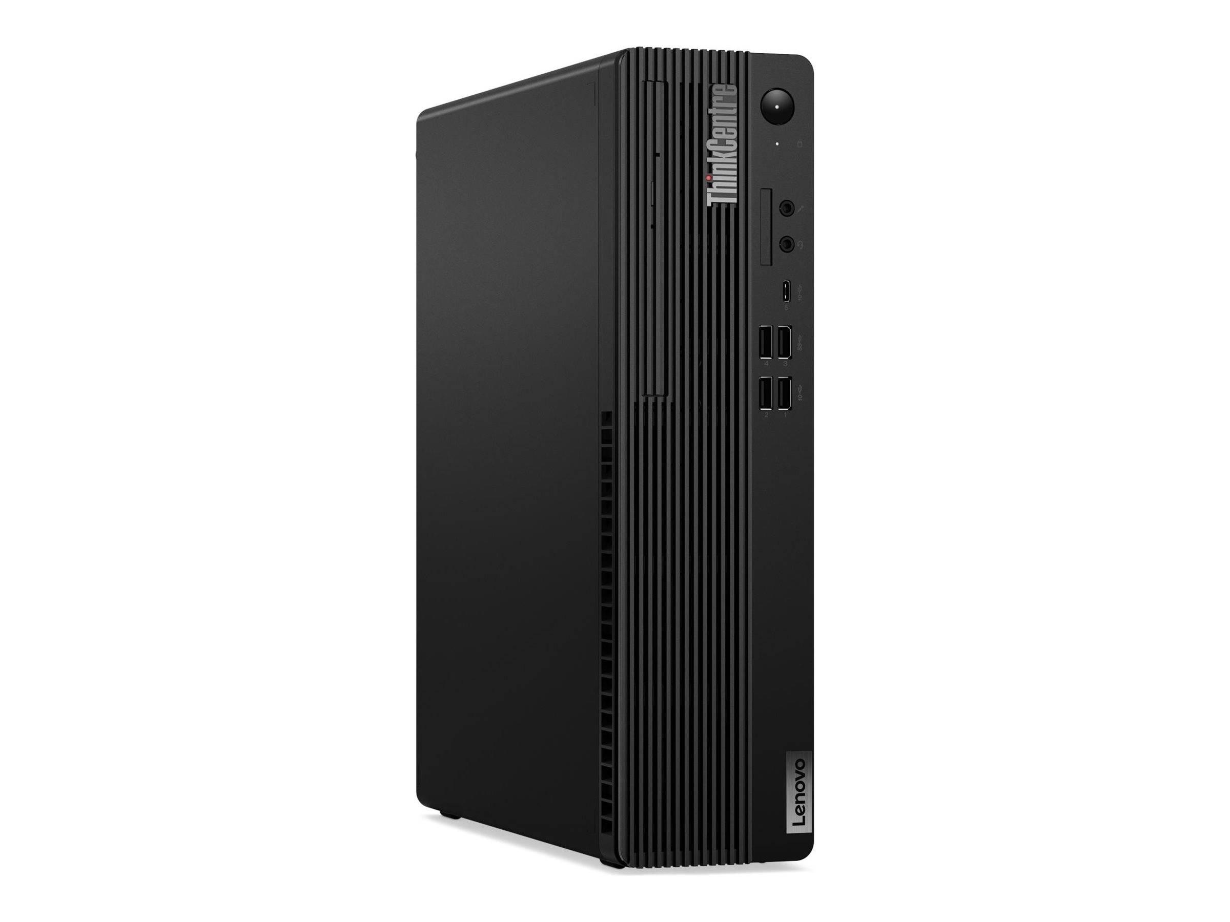 Ein Lenovo ThinkCentre Desktop-Turm in Schwarz, aufrecht stehend mit sichtbaren vorderen Anschlüssen und Einschaltknopf.