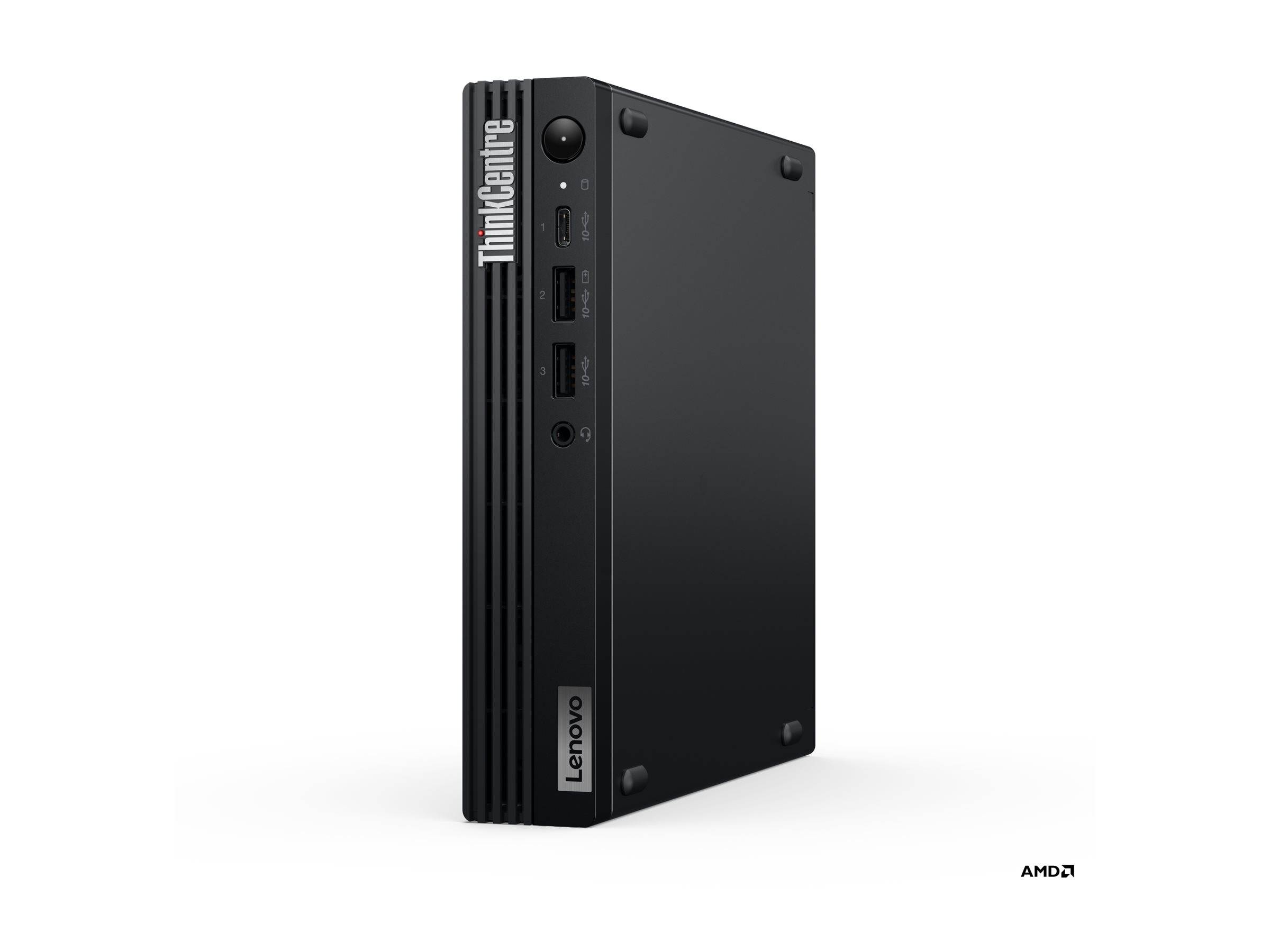 Lenovo ThinkCentre kompakter schwarzer Computer mit 'ThinkCentre'- und 'Lenovo'-Logos, ausgestattet mit frontal angeordneten Anschlüssen und einem Einschaltknopf.