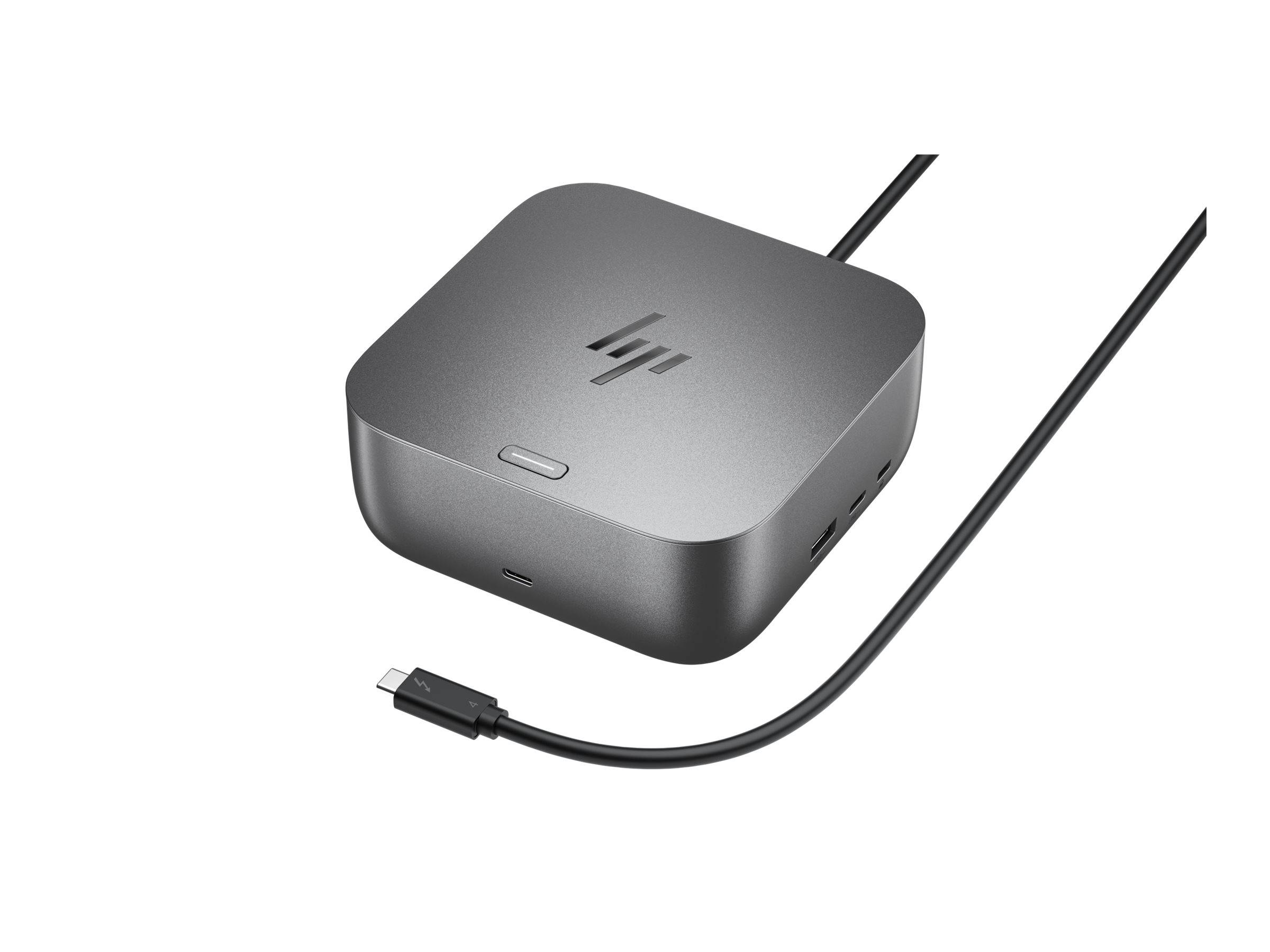 Eine kompakte schwarze Dockingstation mit HP-Logo, ausgestattet mit mehreren Anschlüssen und einem angeschlossenen USB-C-Kabel, die zur Erweiterung der Geräteverbindungen dient.
