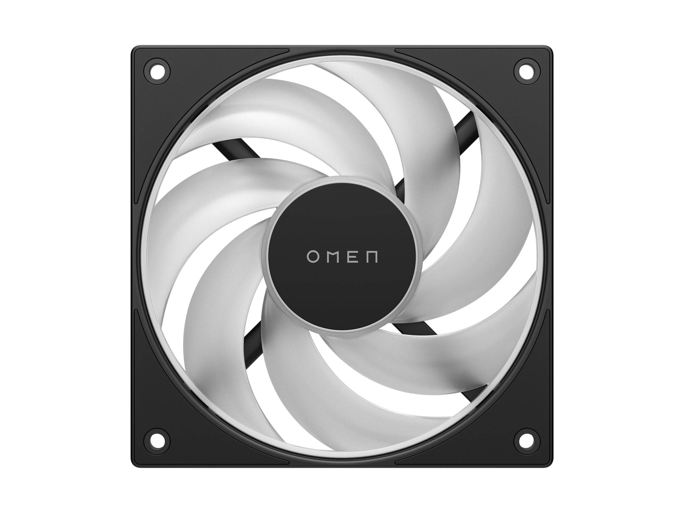 Ein quadratischer schwarzer Computerlüfter mit gebogenen weißen Lüfterblättern und der Aufschrift 