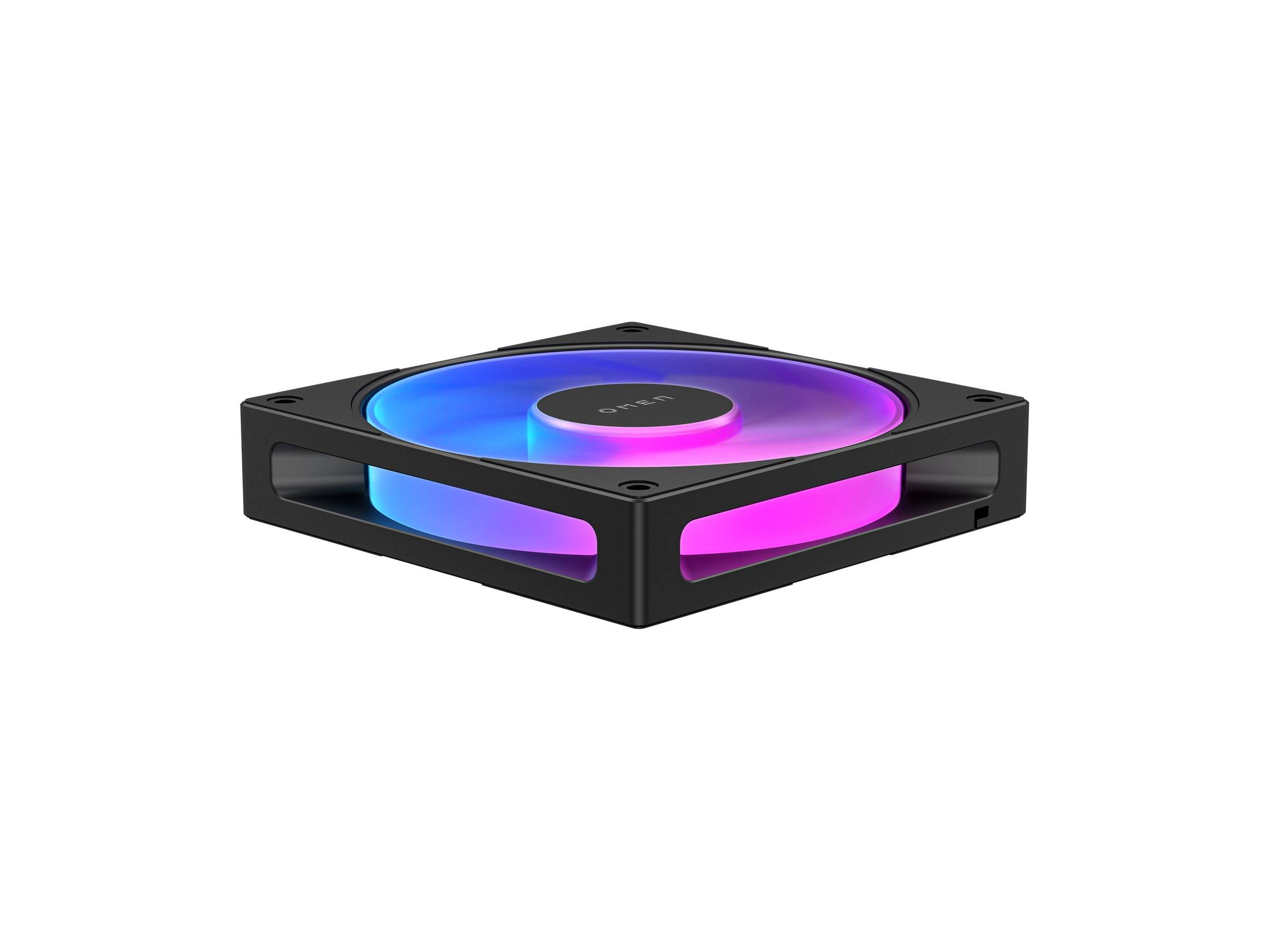 Ein quadratischer Computer-Kühlventilator mit LED-Beleuchtung in blauen und rosa Farbtönen, eingebettet in einen schwarzen Rahmen, entwickelt für die Kühlung von Computerkomponenten.