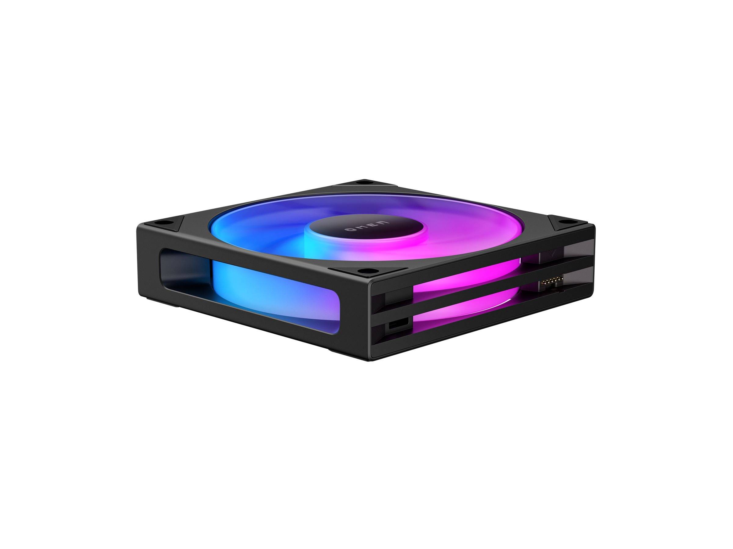 Ein Computer-Kühlventilator mit schwarzem Rahmen und bunter RGB-Beleuchtung, die zwischen Blau- und Rosatönen wechselt.