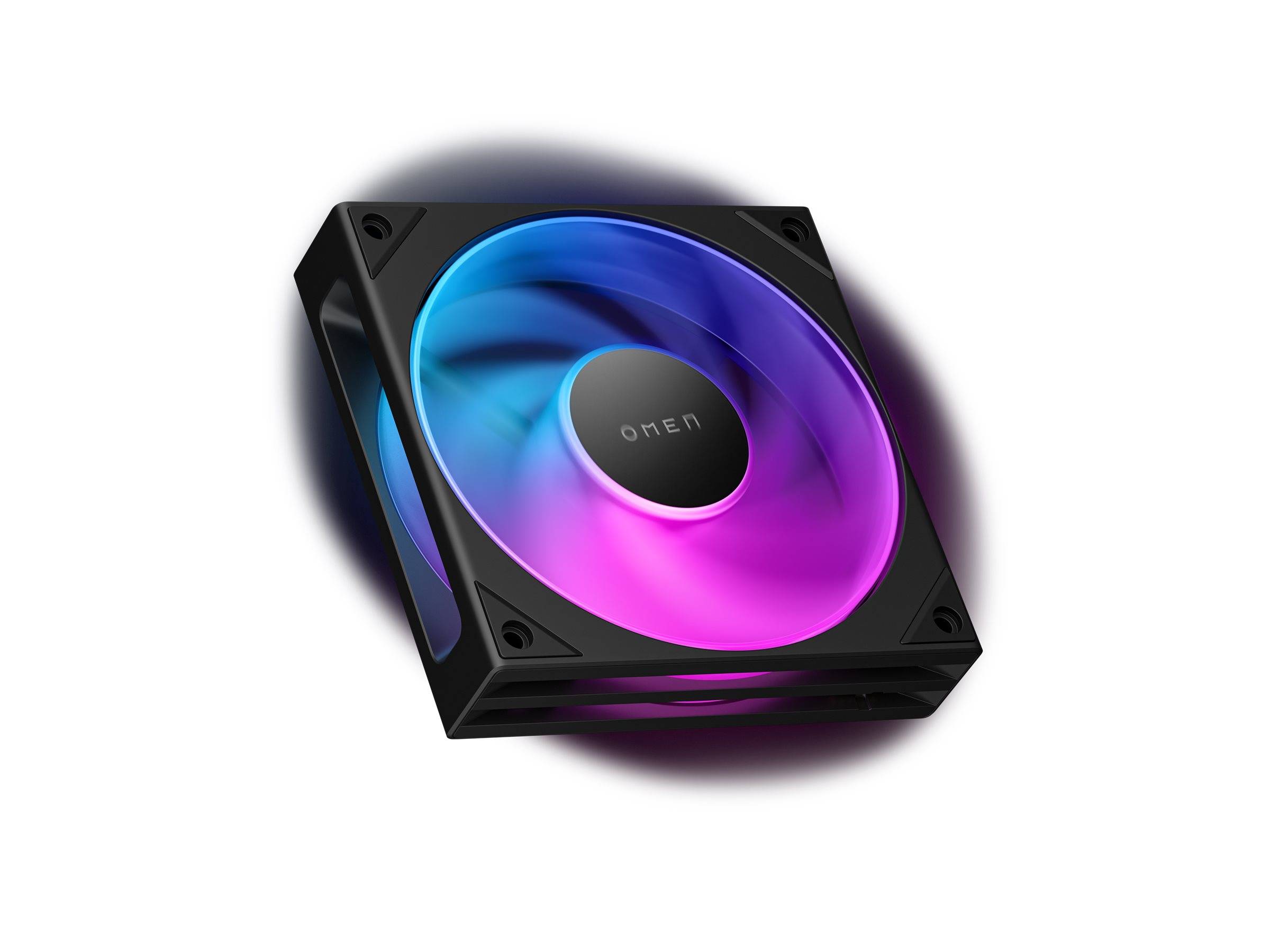 Ein Computerlüfter mit blauer und pinker Beleuchtung, auf dem in der Mitte das Wort 