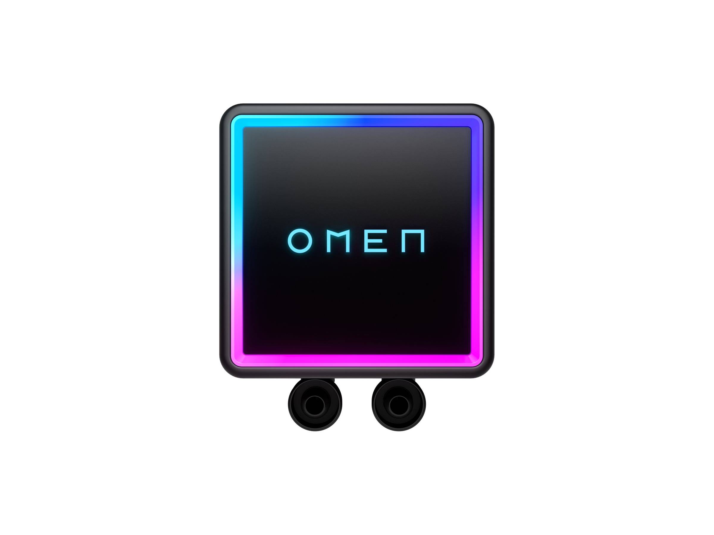 Ein quadratisches schwarzes Spielgerät mit 'OMEN' in hellem Blau in der Mitte, beleuchtet von einem bunten LED-Rand. Zwei kreisförmige Komponenten darunter.