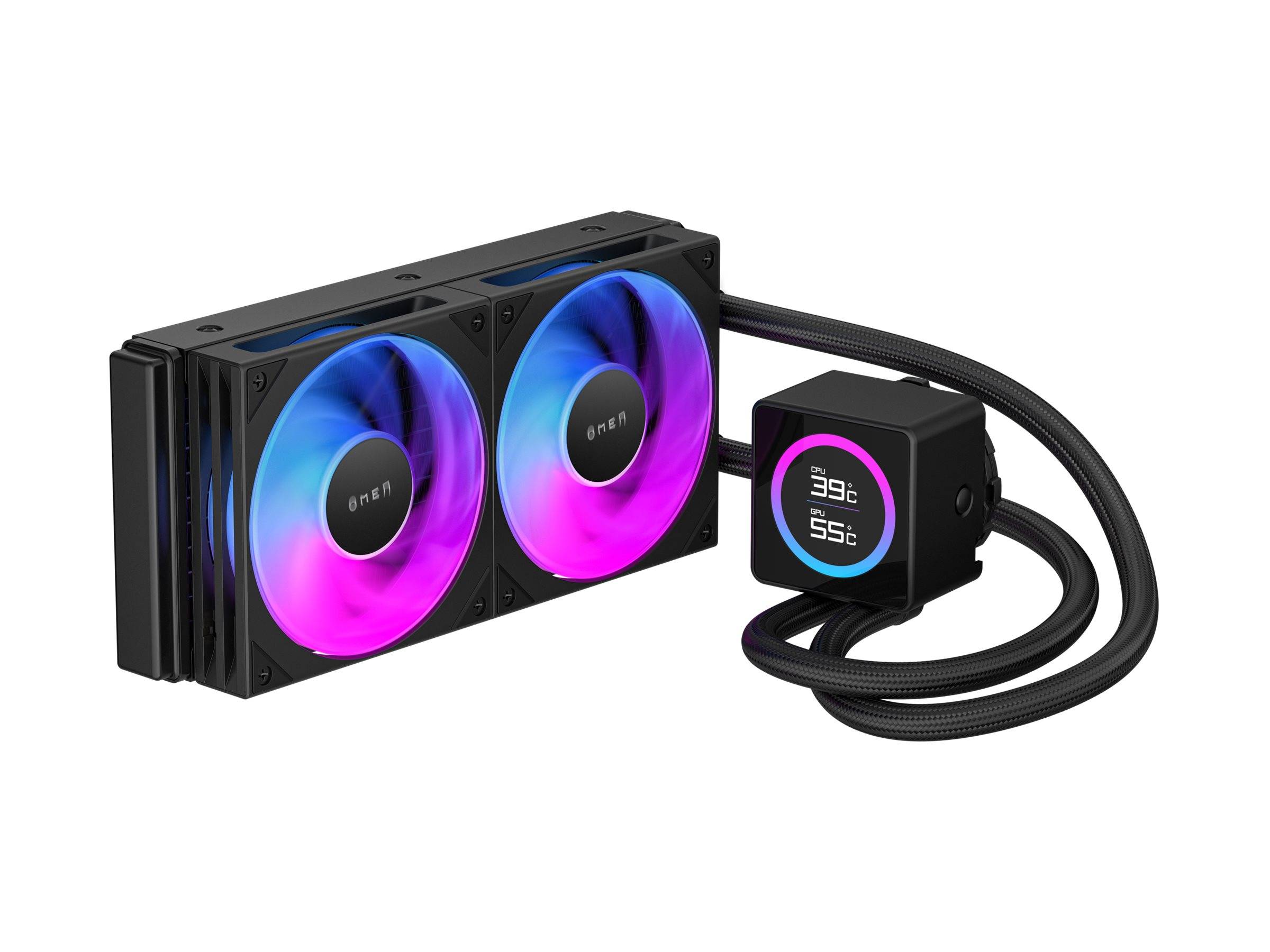 Ein Flüssigkühlsystem für Computer mit Dual-Lüfter und RGB-Beleuchtung, das ein digitales Display mit Temperaturen von 39°C und 55°C zeigt.