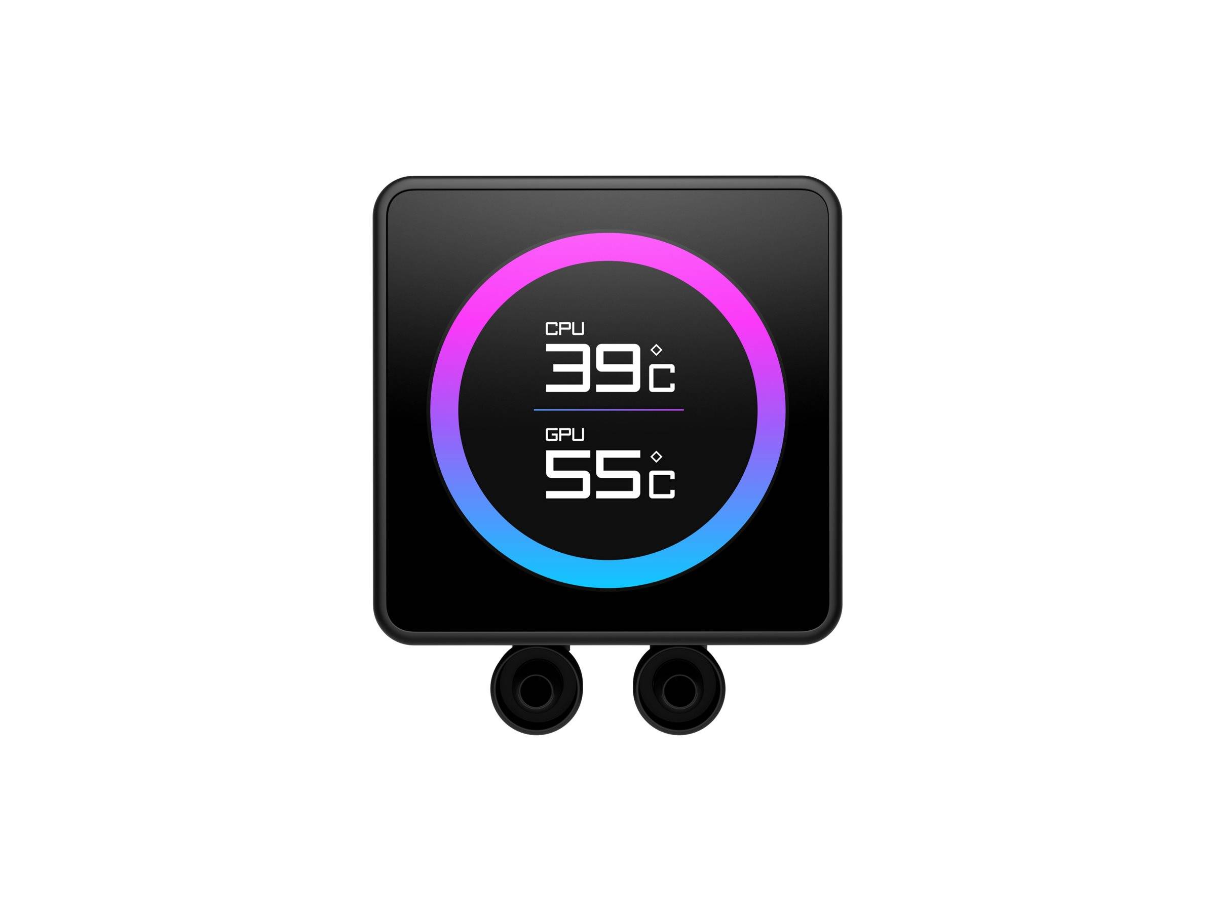 CPU 39°C, GPU 55°C auf einem digitalen Bildschirm mit einem kreisförmigen Verlaufshintergrund, der die Computertemperaturwerte anzeigt.