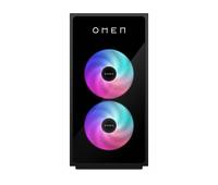 Ein schlanker schwarzer Gaming-Tower mit bunten LED-Lüftern, beschriftet mit 'OMEN.