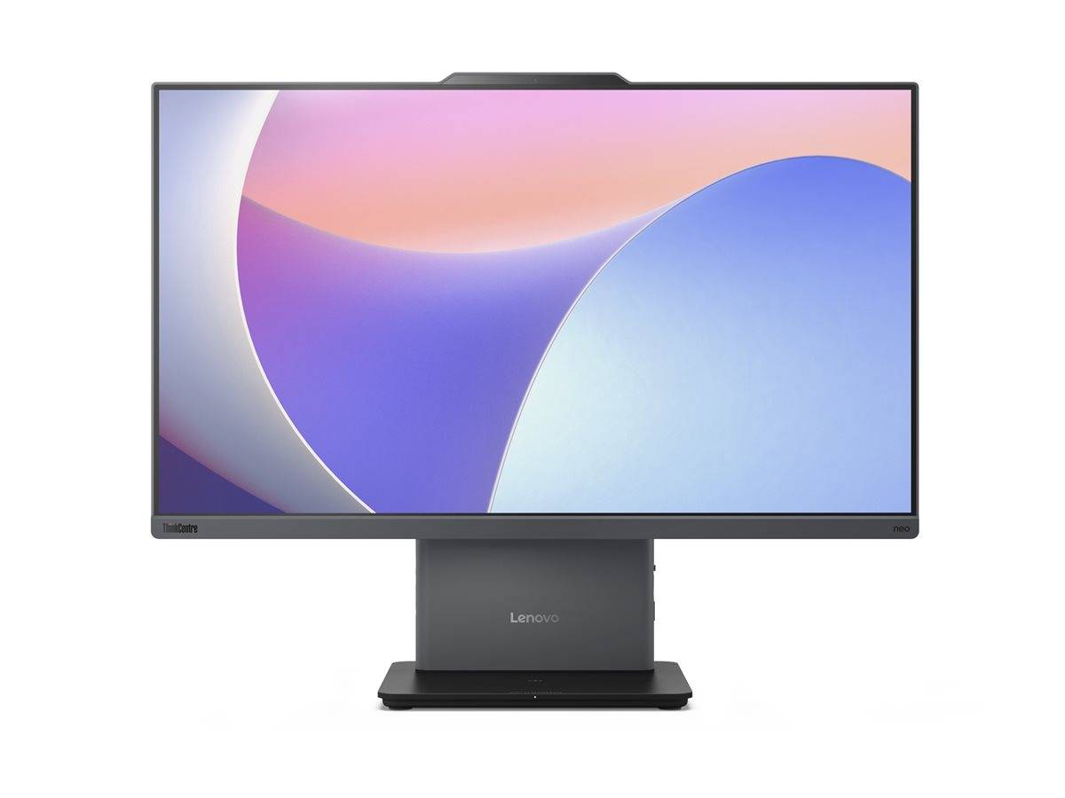 Ein Lenovo ThinkVision Monitor mit minimalistischem Design, der einen abstrakten, farbenfrohen Verlaufsbildschirm zeigt.
