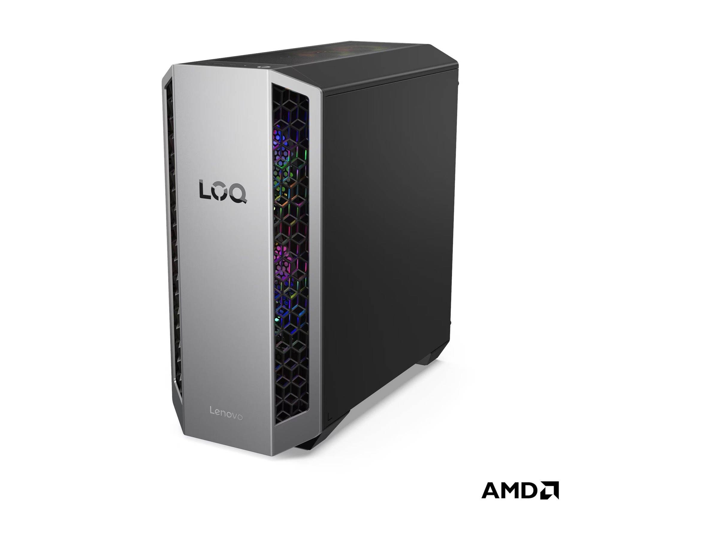 Ein Lenovo Gaming-Desktop-Tower mit elegantem Design, ausgestattet mit einer grauen Frontplatte mit dem 'LOQ'-Logo und sechseckigen Lüftungsschlitzen, die Innenbeleuchtung durchscheinen lassen.