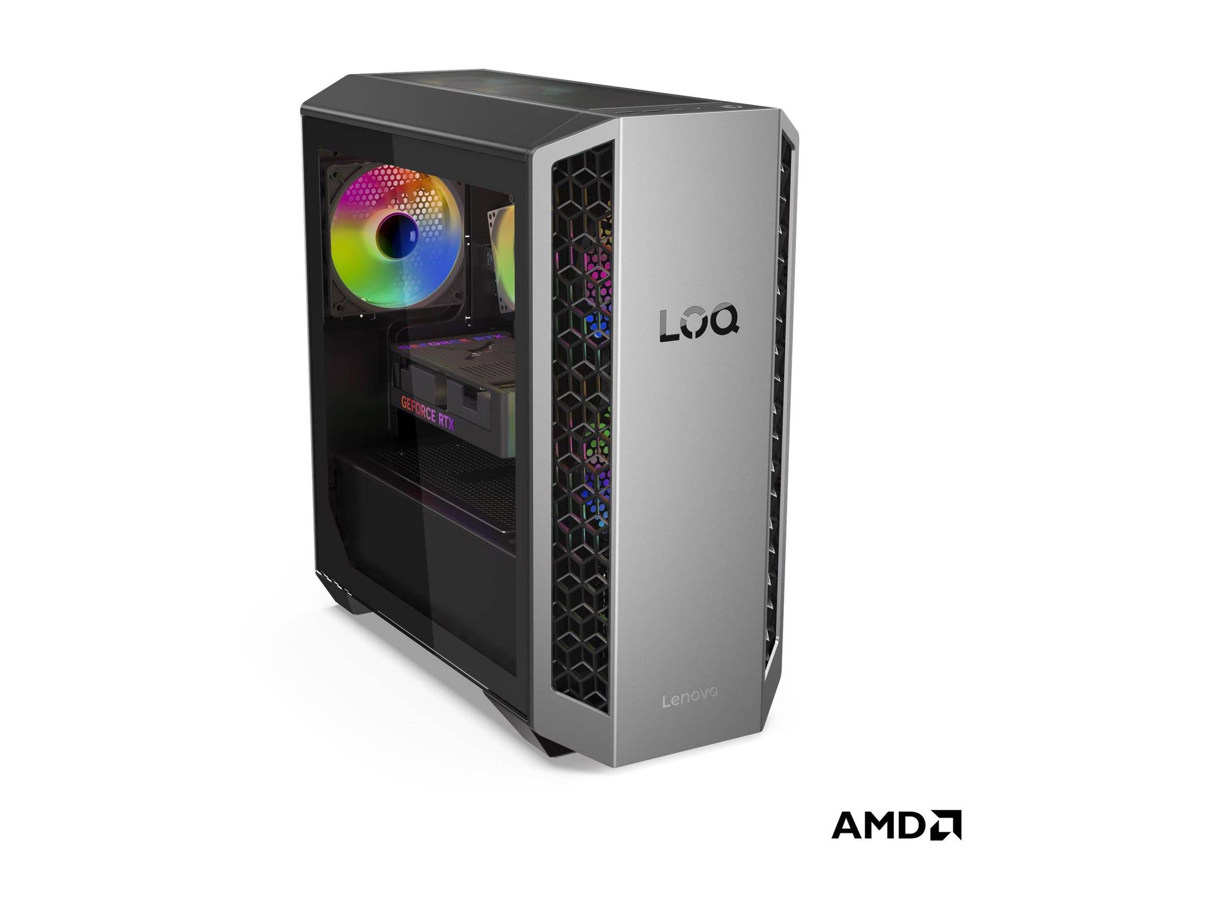 Ein Lenovo-Desktop-Computer mit einem transparenten Seitenpaneel, das Innenkomponenten zeigt, einschließlich farbig beleuchteter LED-Lüfter.