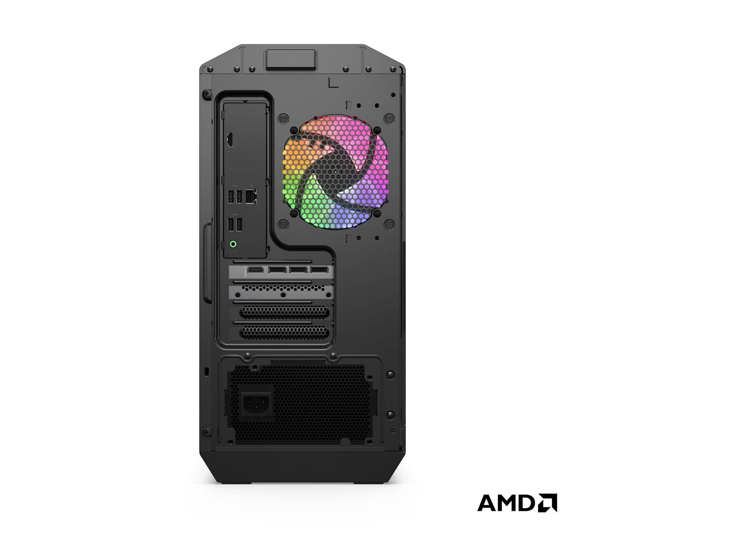 Das Bild zeigt die Rückseite eines Desktop-Computergehäuses mit einem bunten RGB-Lüfter und mehreren Anschlüssen. Das AMD-Logo befindet sich in der unteren rechten Ecke.