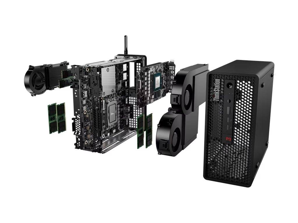 Explosionszeichnung eines Computergehäuses mit Komponenten wie der Leiterplatte, Kühlsystem, RAM und äußerer Gehäuseschale, die das interne Design hervorhebt.