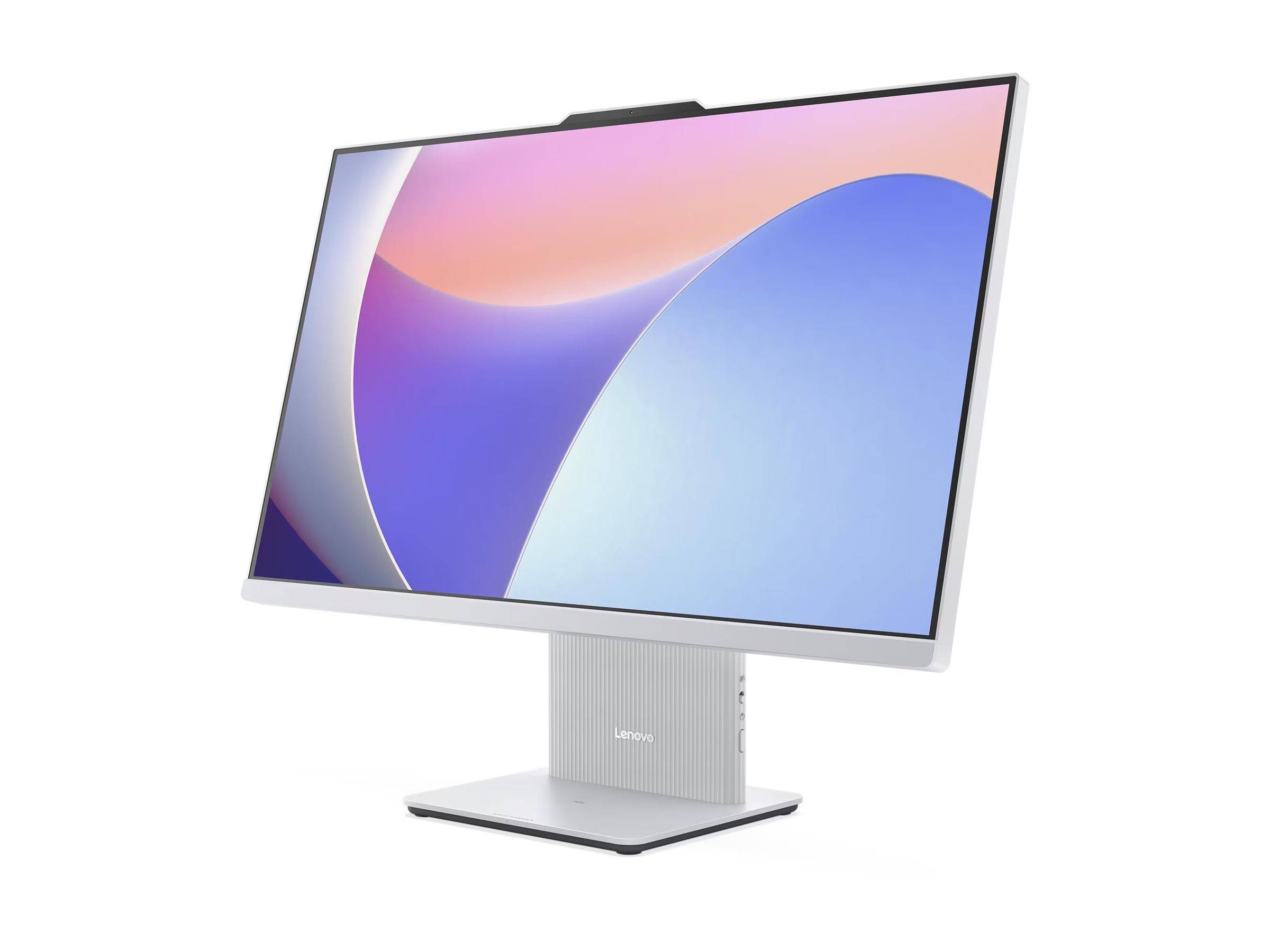 Ein moderner Desktop-Monitor mit elegantem Design, auf dem ein buntes abstraktes Wallpaper mit Farbverläufen und Kurven zu sehen ist, auf einem minimalistischen Ständer.