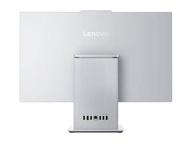 Das Bild zeigt die Rückseite eines Lenovo-Monitors mit einer grauen Platte und einem strukturierten Ständer, der Lüftungsschlitze am unteren Rand aufweist.