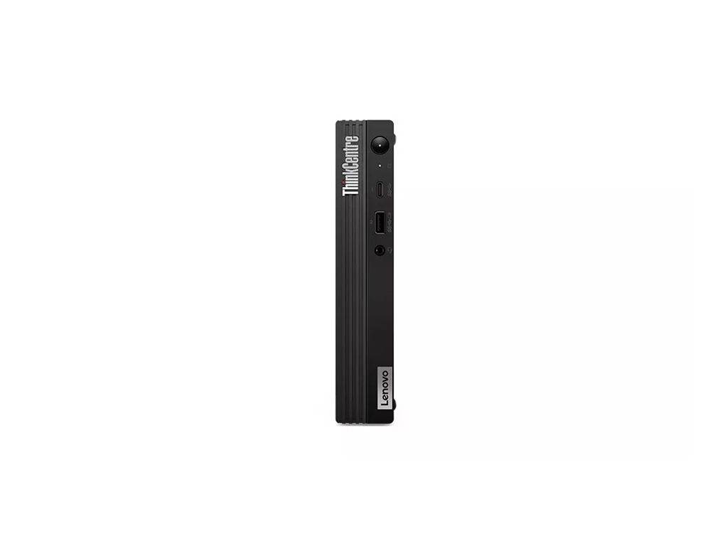 Lenovo ThinkCentre Mini-PC, schwarz, vertikal dargestellt mit sichtbarem Logo und Anschlüssen; kompaktes Design für platzsparende Lösungen.
