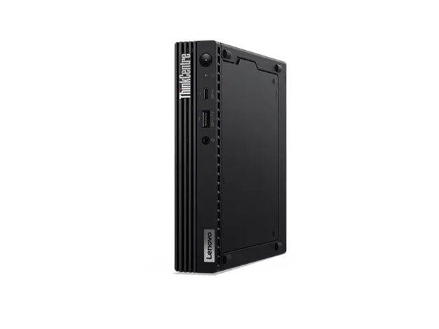 Lenovo ThinkCentre Tiny-Desktop, schwarz mit USB-Anschlüssen und Powerknopf an der Vorderseite, kompaktes Design ideal für Büroarbeitsplätze mit begrenztem Platz.