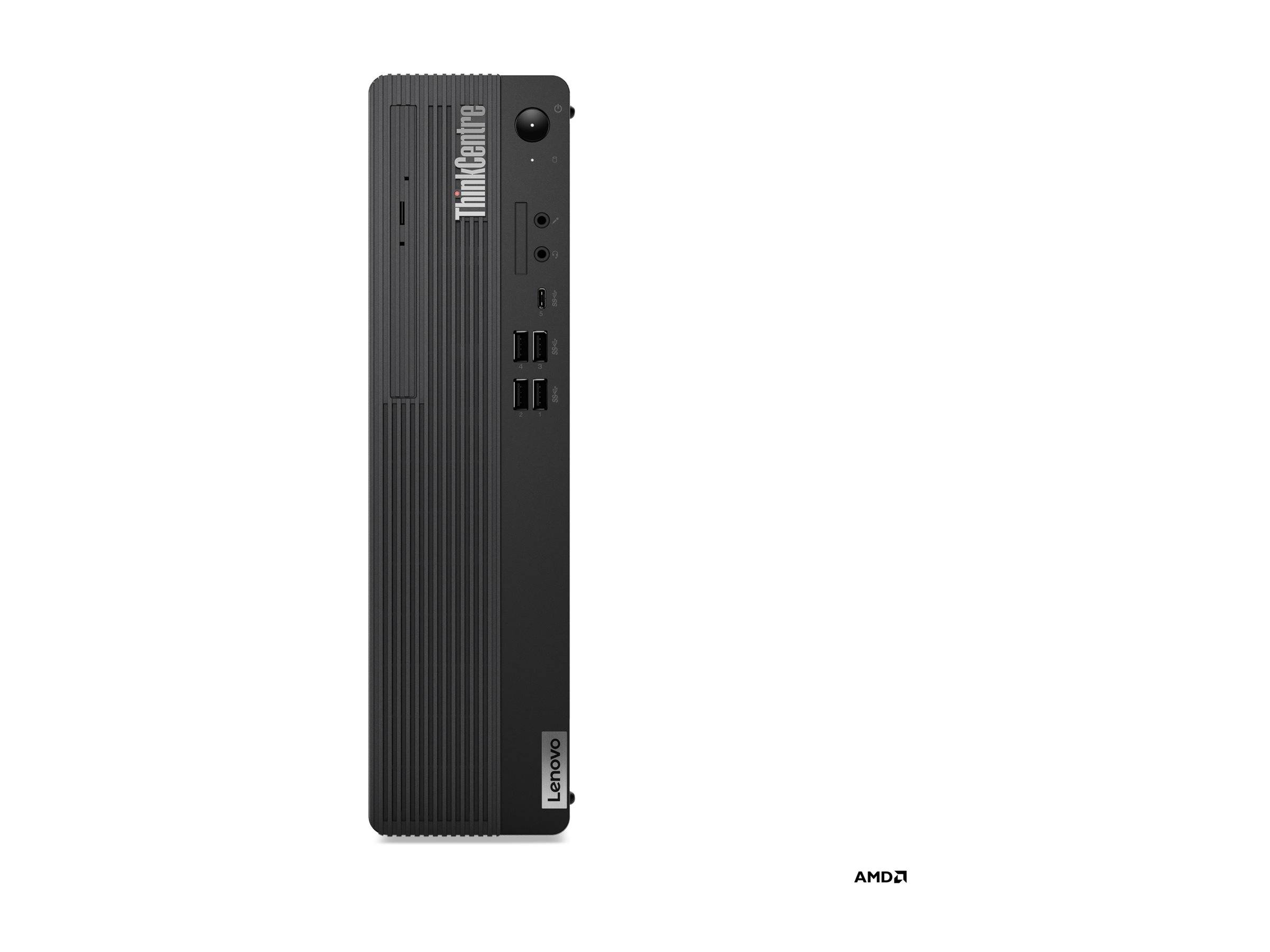 Vertikaler schwarzer Computer-Tower mit 'ThinkCentre'-Beschriftung, vorderen USB-Anschlüssen, Einschaltknopf und Lüftungsschlitzen, von Lenovo und AMD markiert.