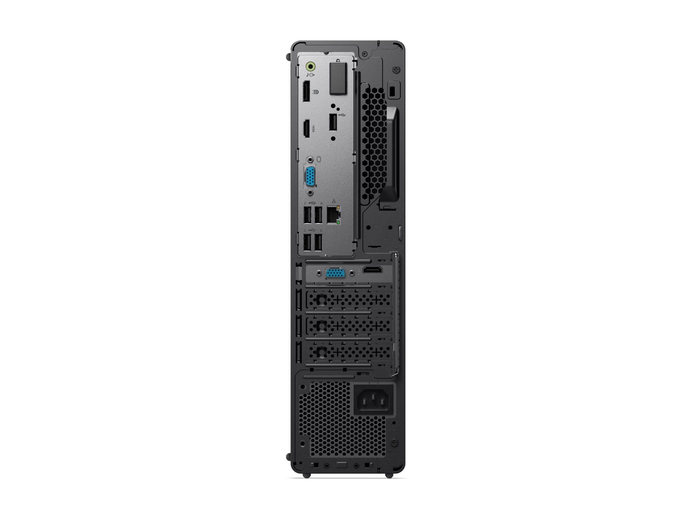 Rückansicht eines Desktop-Computergehäuses mit verschiedenen Anschlüssen und Steckplätzen für Konnektivität und Erweiterung.