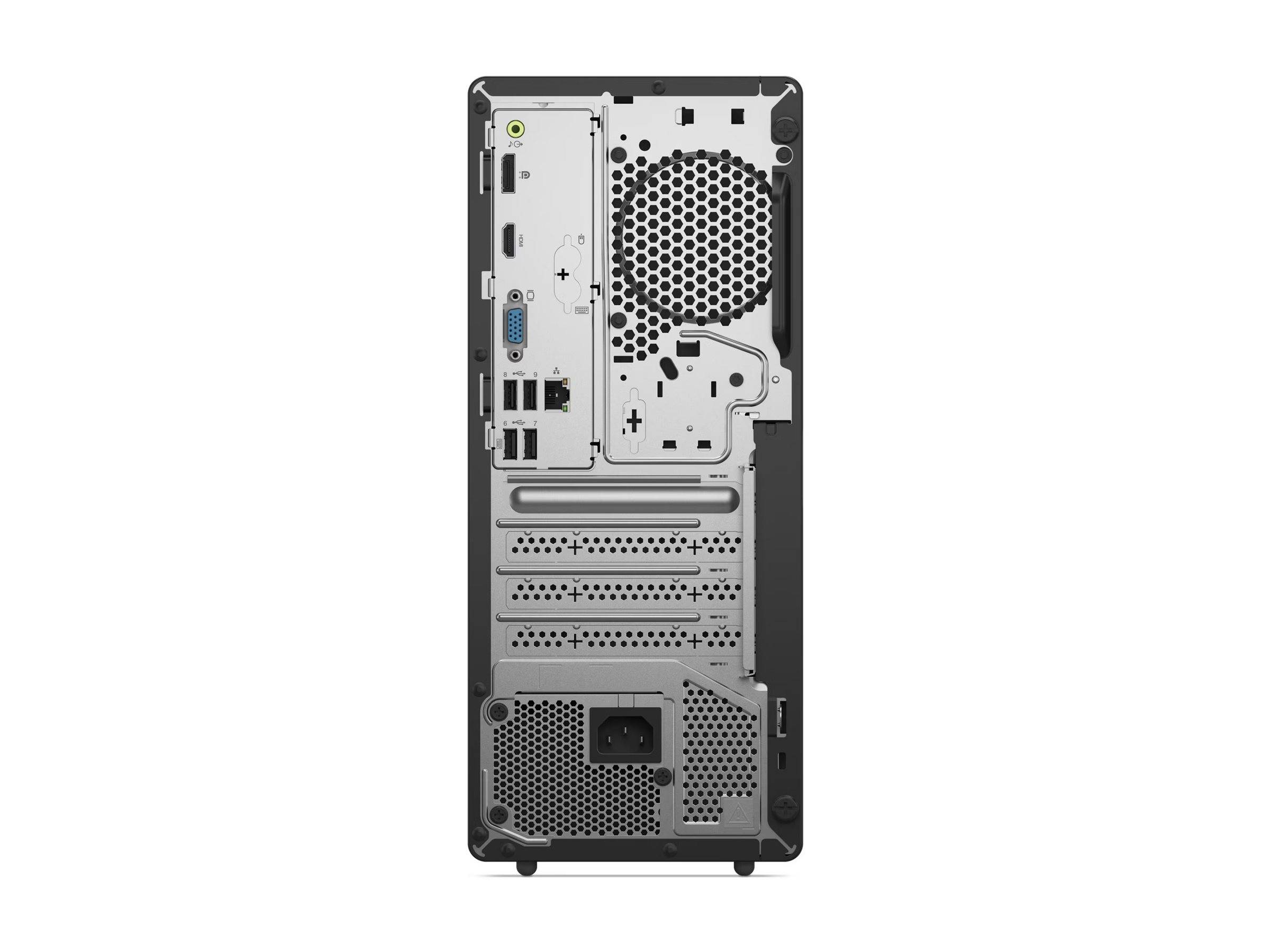 Die Rückansicht eines Desktop-Computergehäuses zeigt mehrere Anschlüsse, Kühlventilationsöffnungen und Erweiterungskartensteckplätze für Konnektivität und Hardware-Upgrades.