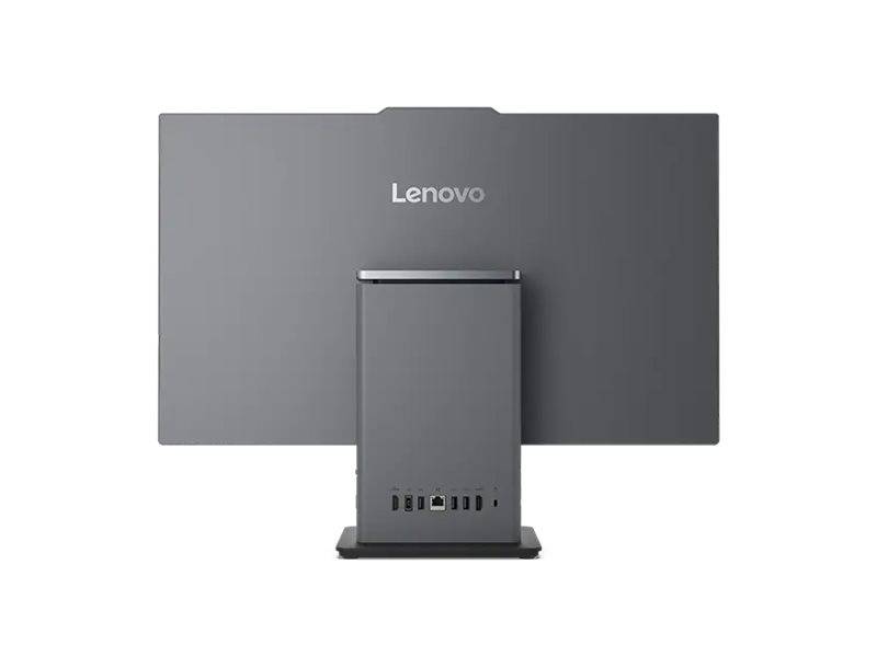 Rückseite eines Lenovo-All-in-One-Desktop-Monitors mit zentralem Ständer und sichtbaren hinteren Anschlüssen.