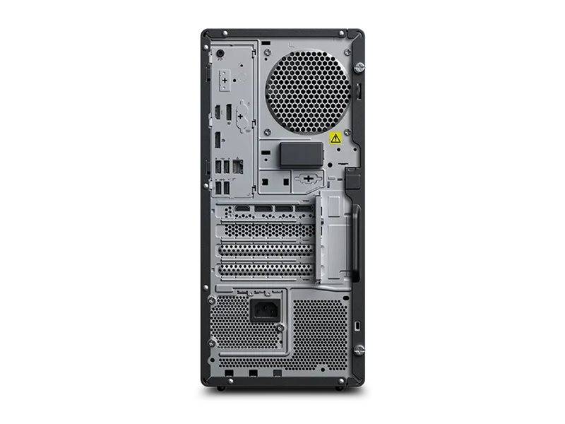 Rückansicht eines Computergehäuses, die verschiedene Anschlüsse, einen Lüfter und Erweiterungssteckplätze zeigt, mit einem Warnschild in der Nähe des Stromeingangs.
