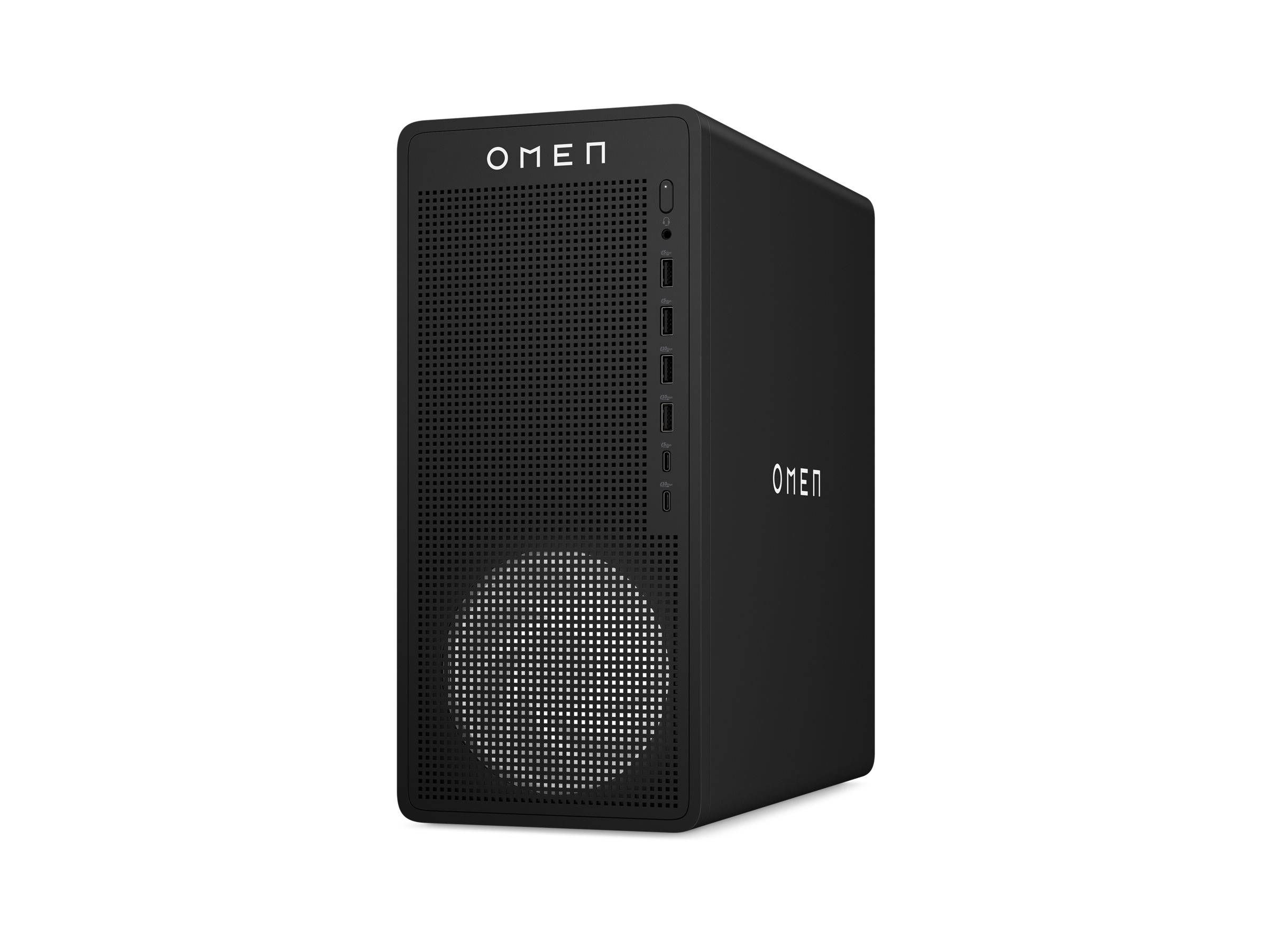 Ein schwarzer Computer-Tower mit dem Wort 'OMEN' auf der Oberseite, ausgestattet mit mehreren USB-Anschlüssen an der Frontseite, konzipiert für High-Performance-Computing.