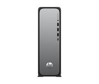 Ein schlanker, vertikaler HP-Desktop-Computer-Turm mit einer metallischen Frontplatte, ausgestattet mit einem Einschaltknopf und mehreren Anschlüssen für Konnektivität.