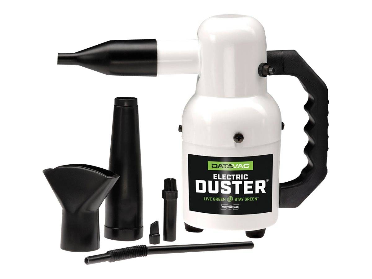 Elektrischer Staubbläser mit mehreren Aufsätzen, ausgestattet mit einem weißen tragbaren Gebläse und schwarzem Griff, mit der Markenbezeichnung 'DataVac Electric Duster'.