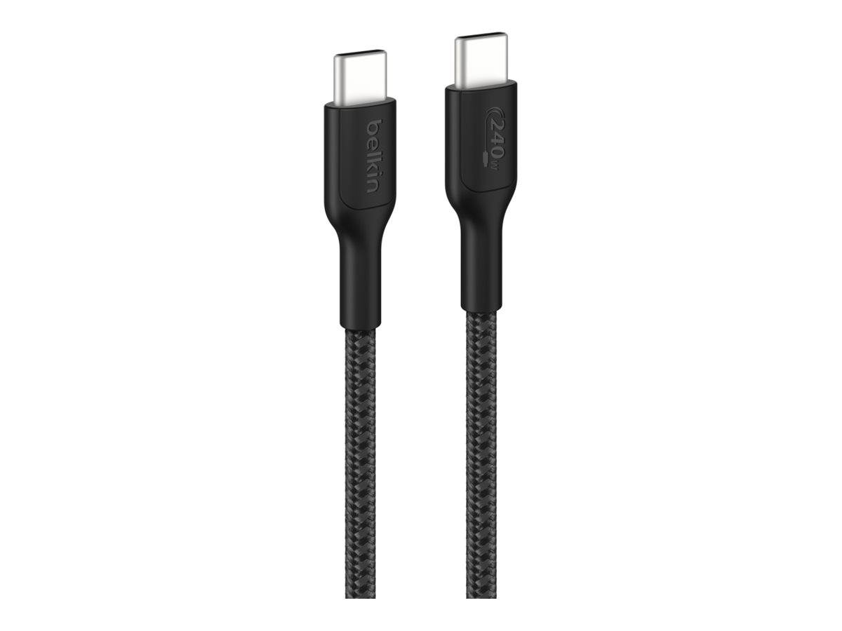 Schwarzes geflochtenes USB-C-Ladekabel mit Nahaufnahmen beider Steckerenden, eine Seite mit der Bezeichnung „Belkin