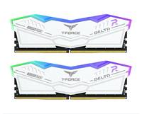 Zwei weiße RGB LED-RAM-Riegel mit 'T-Force'- und 'Delta R'-Logos, die farbenfrohe Lichtakzente aufweisen und für Arbeitsspeicher-Upgrades von Computern entwickelt wurden.