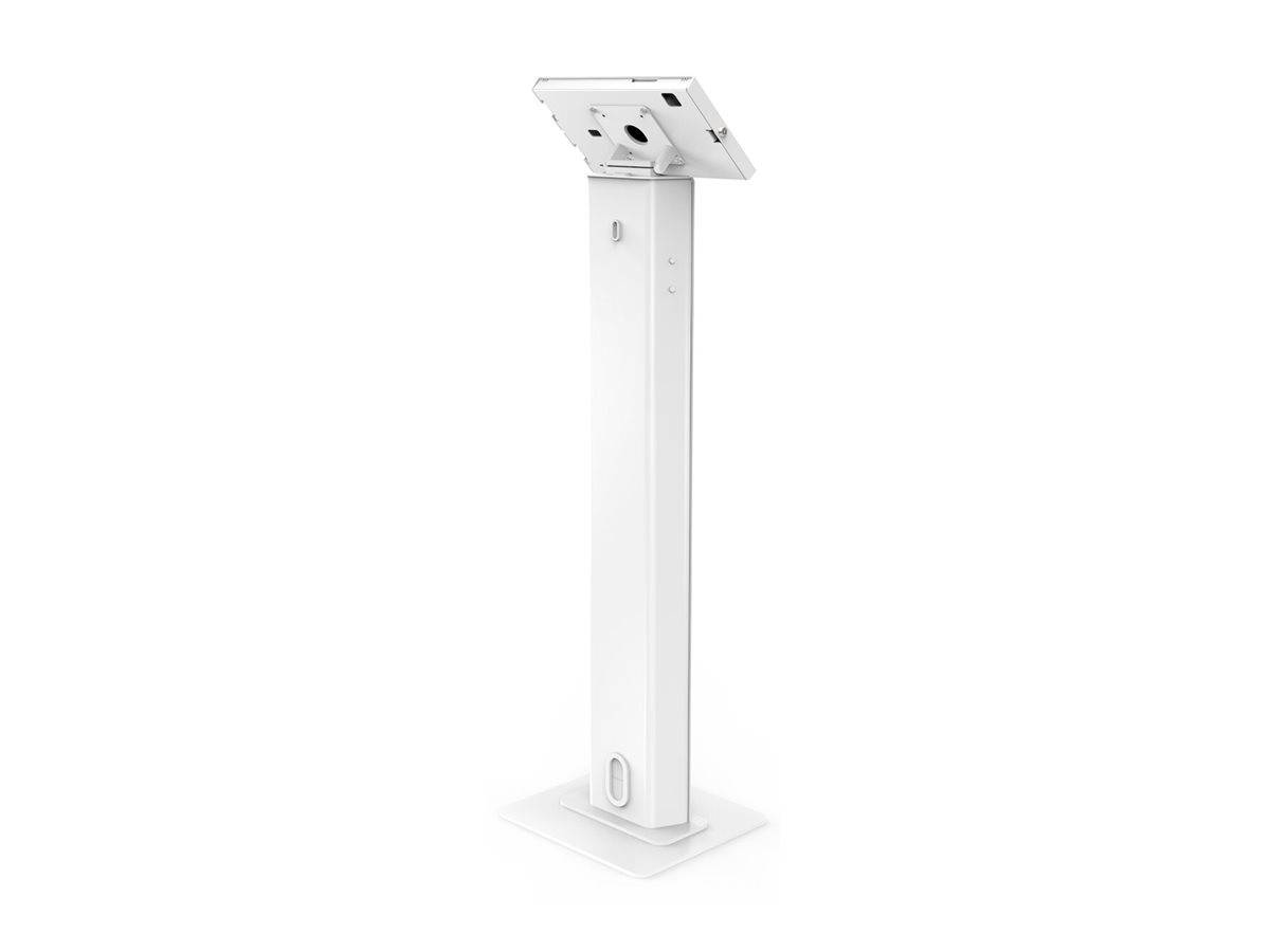Weißes Bodenständer-Tablet-Kiosk oder Display-Ständer mit verstellbarer Halterung oben, dargestellt auf weißem Hintergrund.