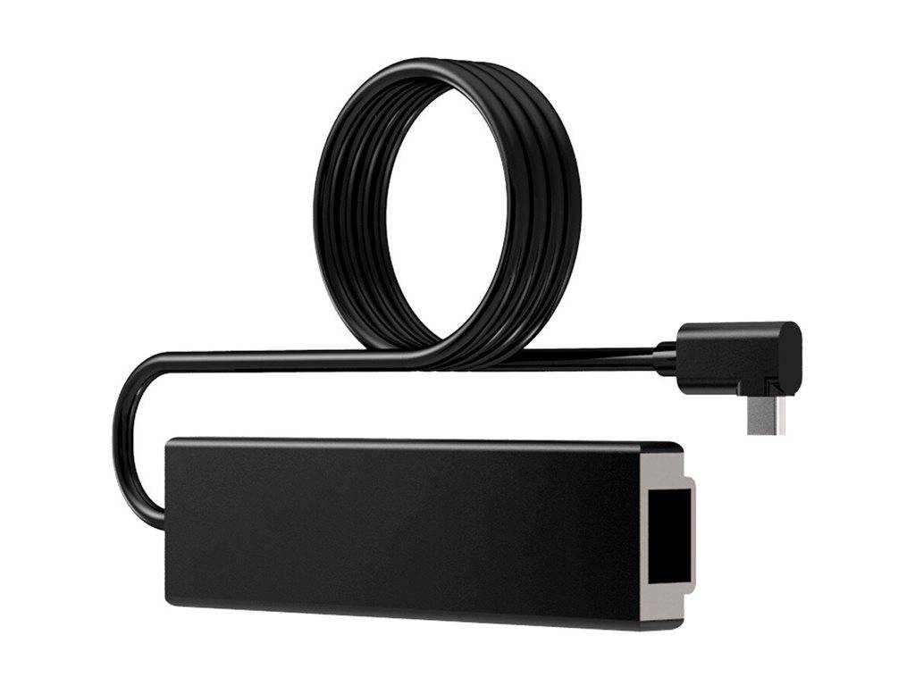 Ein schwarzer Ethernet-Adapter mit einem USB-Anschluss und einem langen, gewundenen Kabel. Entwickelt zum Anschluss von Geräten an ein kabelgebundenes Netzwerk.