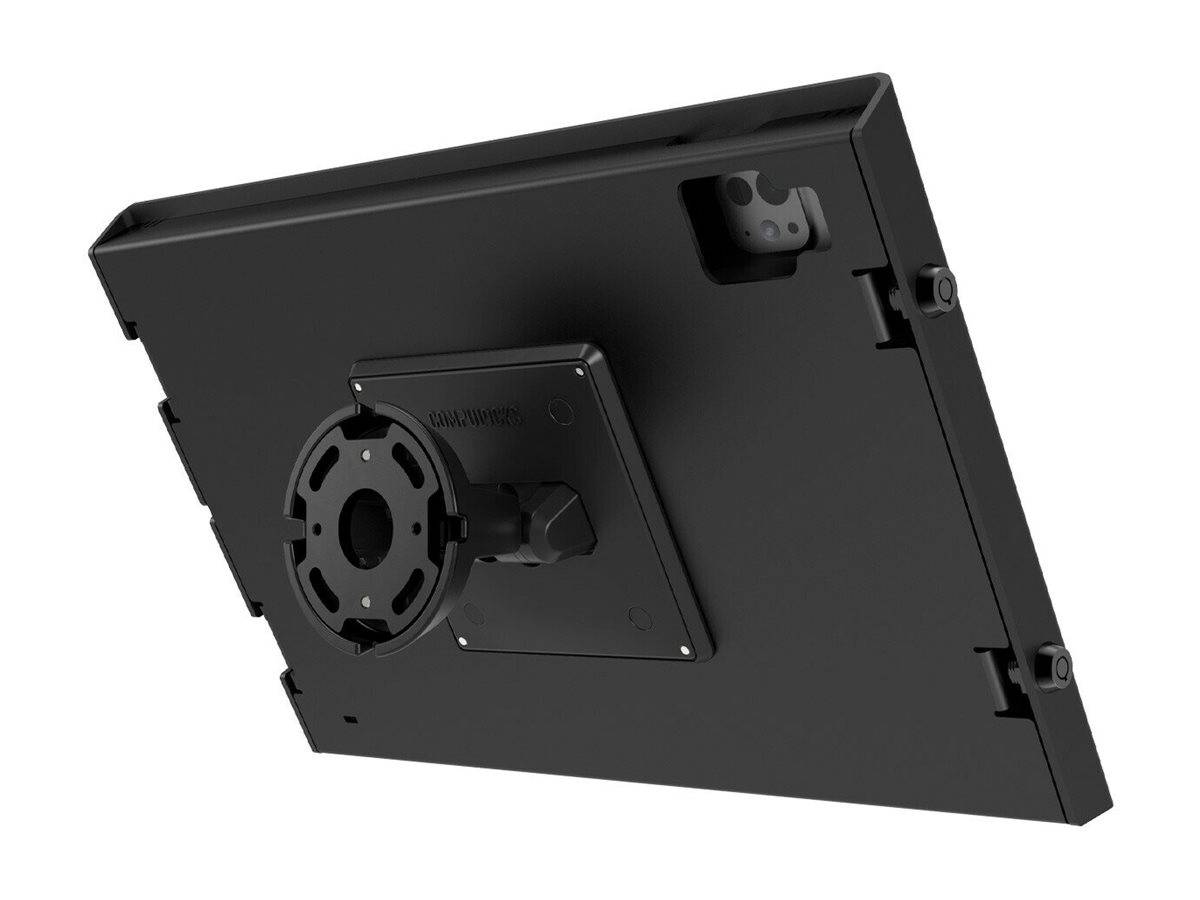 Schwarzes wandmontiertes Panel/Rückblech von hinten gezeigt, mit einer zentralen kreisförmigen Montageklammer und sichtbaren seitlichen Befestigungen.