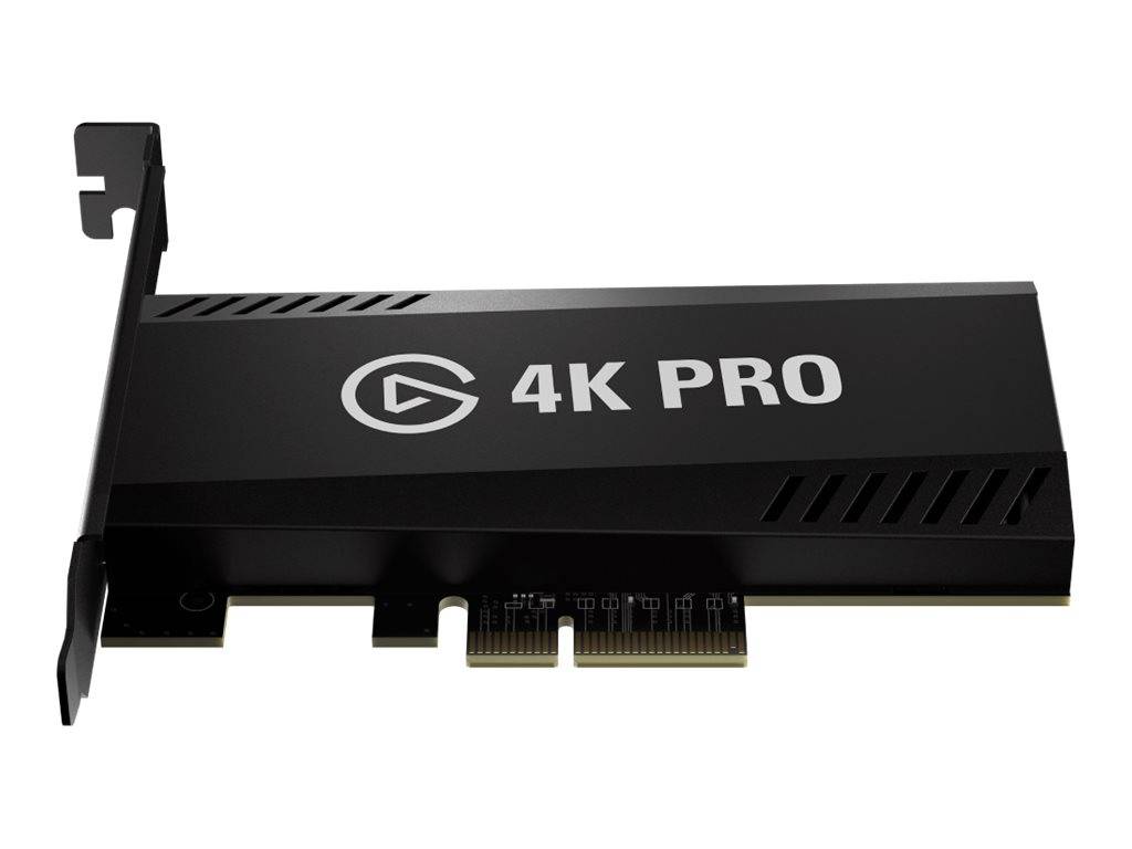 Eine schwarze 4K PRO Capture-Karte mit dem Herstellerlogo, ausgestattet mit PCIe-Anschlüssen, entwickelt für hochauflösende Video-Ein- und Ausgabe.